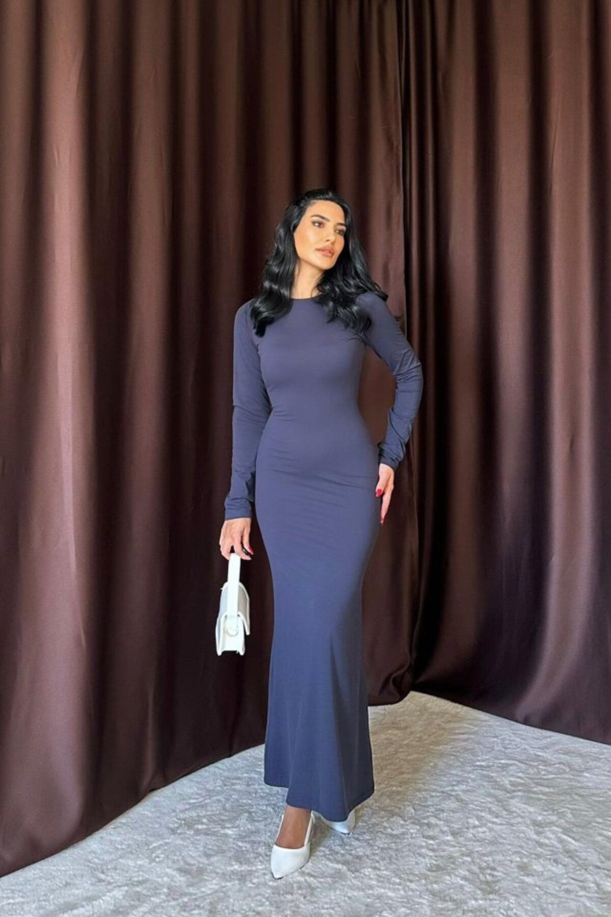 ETİLER COLLECTION Lacivert Vücudu Saran Uzun Elbise