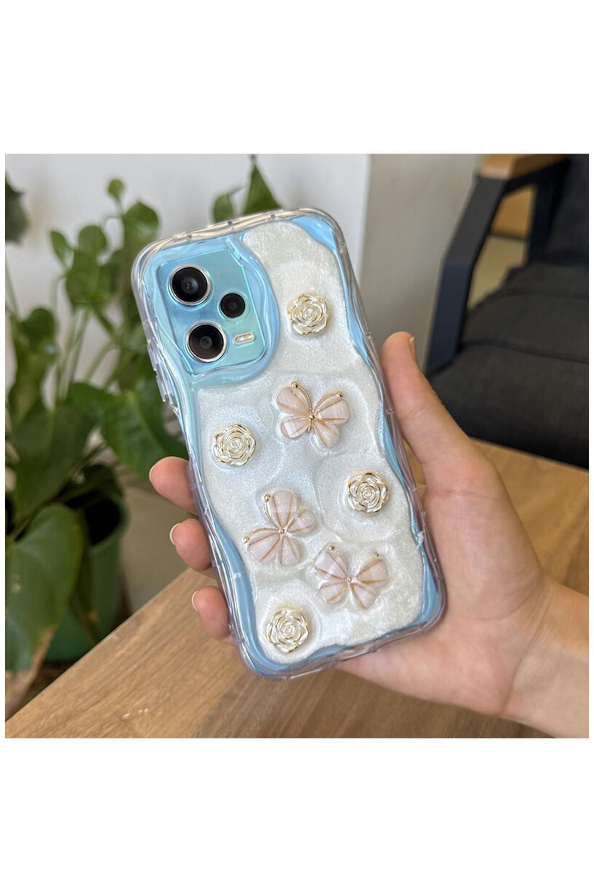 Pro Aksesuar Xiaomi Redmi Note 12 Pro 5G Uyumlu Kılıf Kelebekli Floral Silikon Kılıf Gold