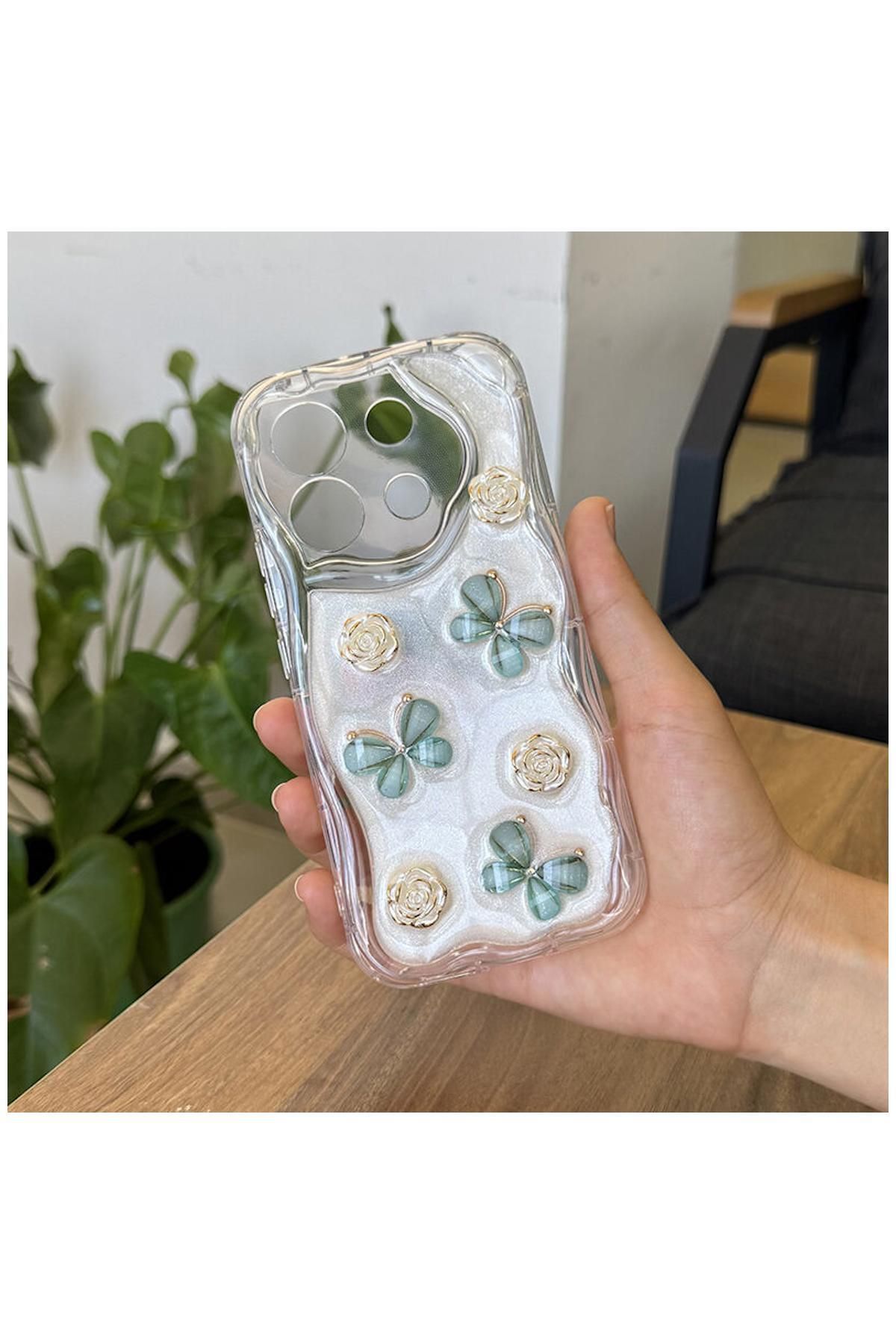 Pro Aksesuar Xiaomi Redmi Note 13 Pro 4G Uyumlu Kılıf Kelebekli Floral Silikon Kılıf Yeşil
