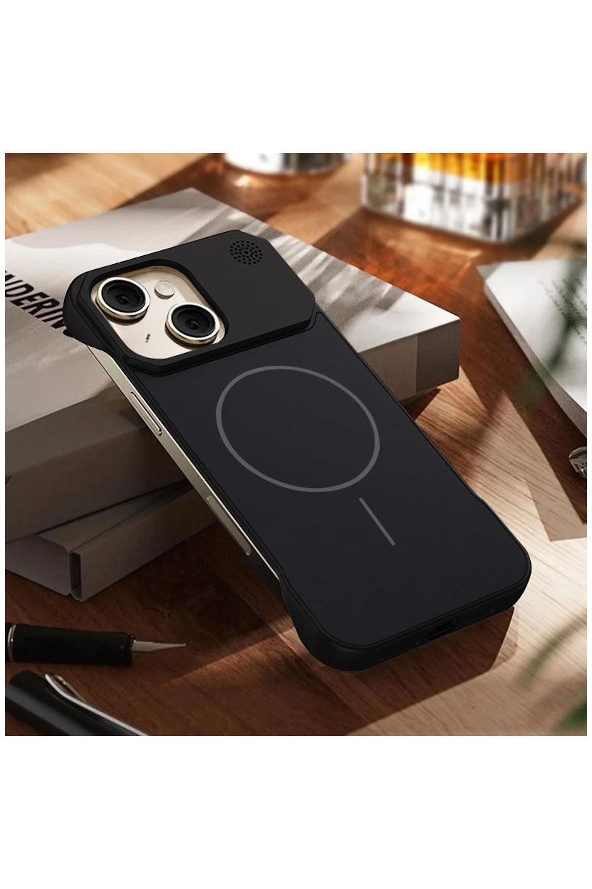 Pro Aksesuar Apple iPhone 14 Plus Uyumlu Kılıf Koku Hazneli Titan Metal Kılıf (Kablosuz Şarj Destekli) Siyah