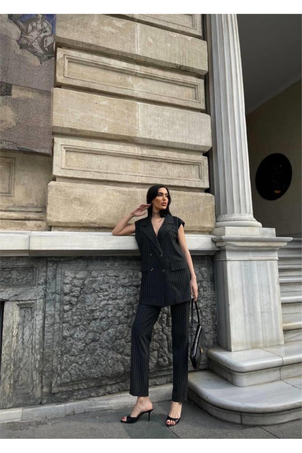 ETİLER COLLECTION ÇİZGİLİ UZUN YELEK - PANTOLON TAKIM POLVİSCON - Antrasit