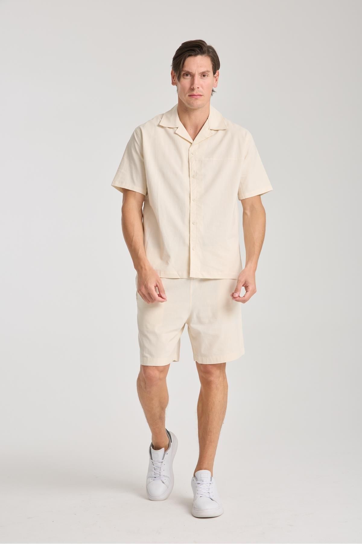 Store %100 Pamuk Erkek Keten Kombin – Slim Fit Gömlek Ve Şort Takım |