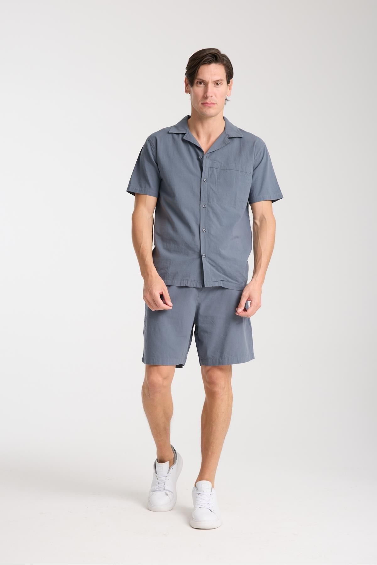 Store %100 Pamuk Erkek Keten Kombin – Slim Fit Gömlek Ve Şort Takım |