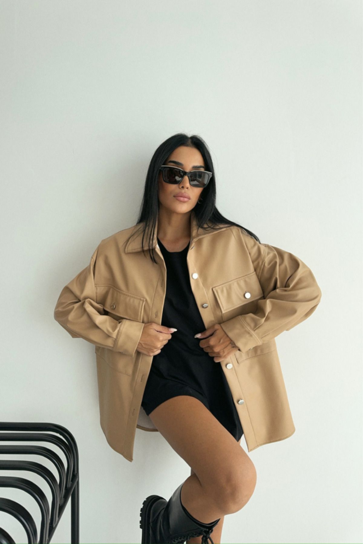 ETİLER COLLECTION DÜĞMELİ DERİ GÖMLEK BOYFRİEND - Bej