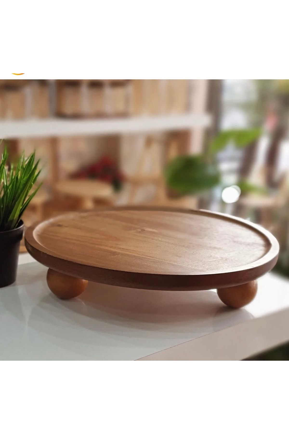 Kitchen Pembelia Akasya Top Ayaklı Yuvarlak Stand Yağdanlık Altlığı Makyaj Organizeri Çok Amaçlı Sunum Tepsisi