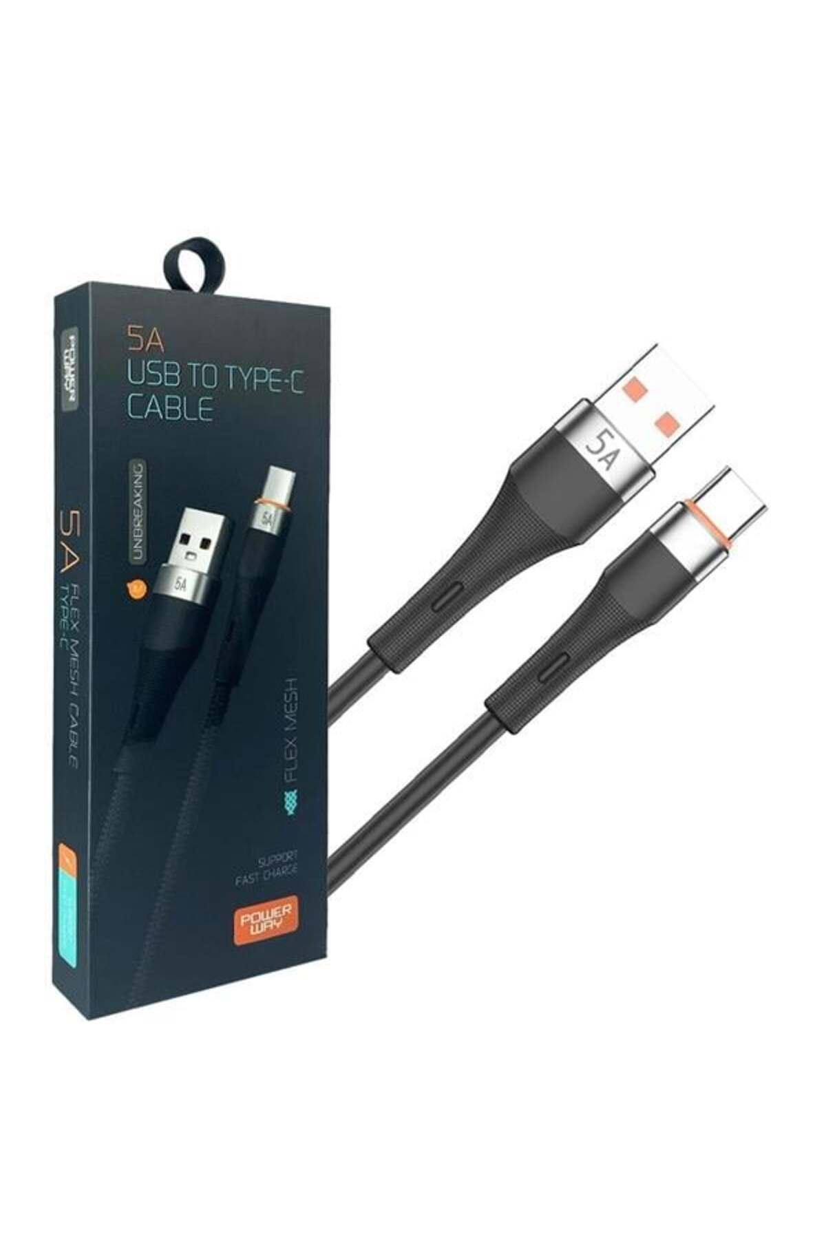 Pazarcan Powerway Hc05 Örgülü 5 Amper Usb To Type- C 1 Metre Şarj Data Kablosu