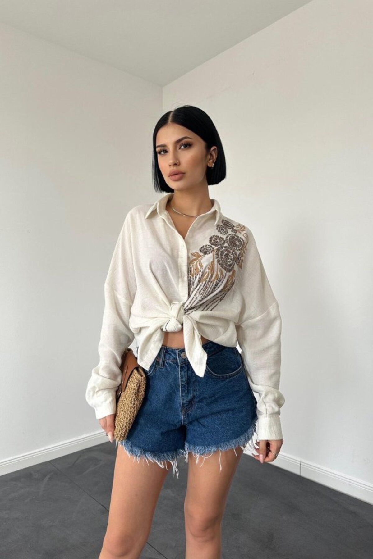ETİLER COLLECTION Melanj Pulpayet Nakışlı Bedensiz Gömlek