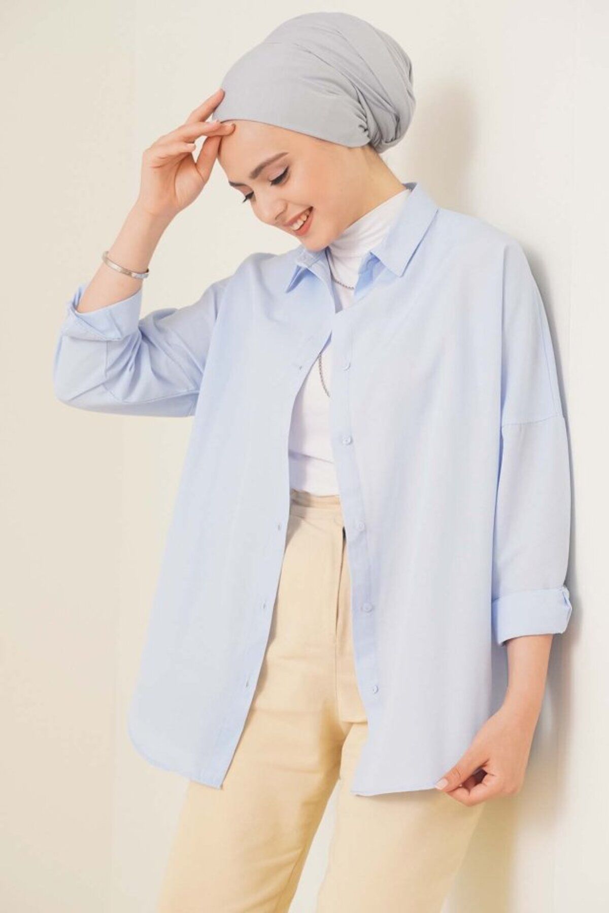 Tex Nova 103901 Oversize Basic Tesettür Gömlek - Açık Mavi