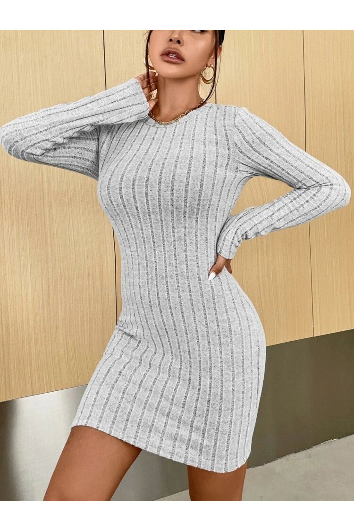 ETİLER COLLECTION Kadın Uzun Kollu Bisiklet Yaka şardonlu Kalın Fitilli Kaşkorse Mini Boy Elbise