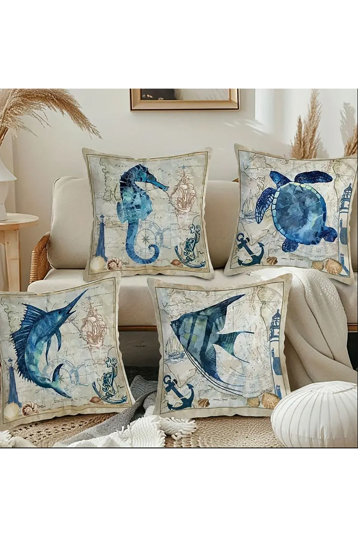 Sister Home Design Piri Reis Deniz Temalı Tropikal Mevsimlik , 4lü Kırlent Kılıfı No:315