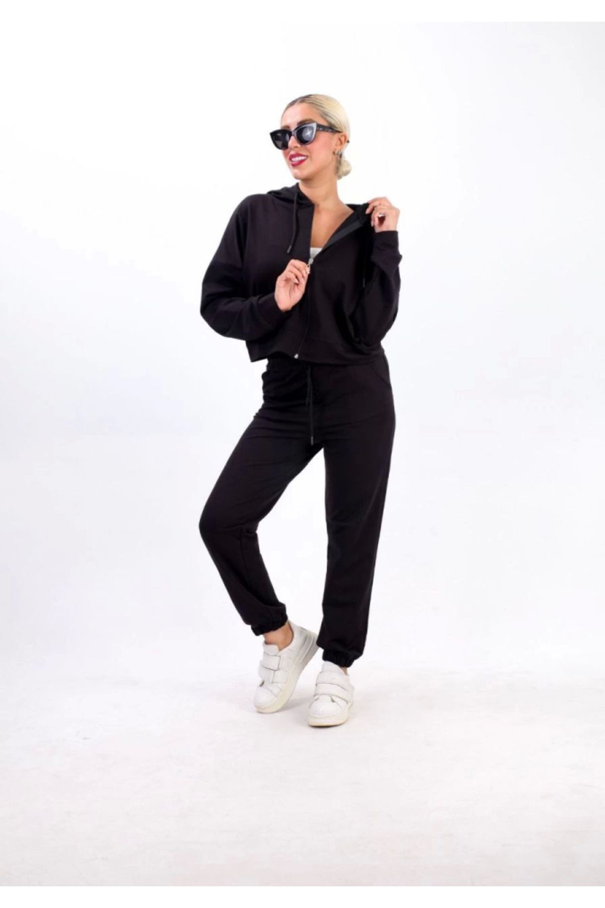 ETİLER COLLECTION Iki Iplik Kapüşonlu Fermuarlı Crop Oversize Hırka Takım- Siyah
