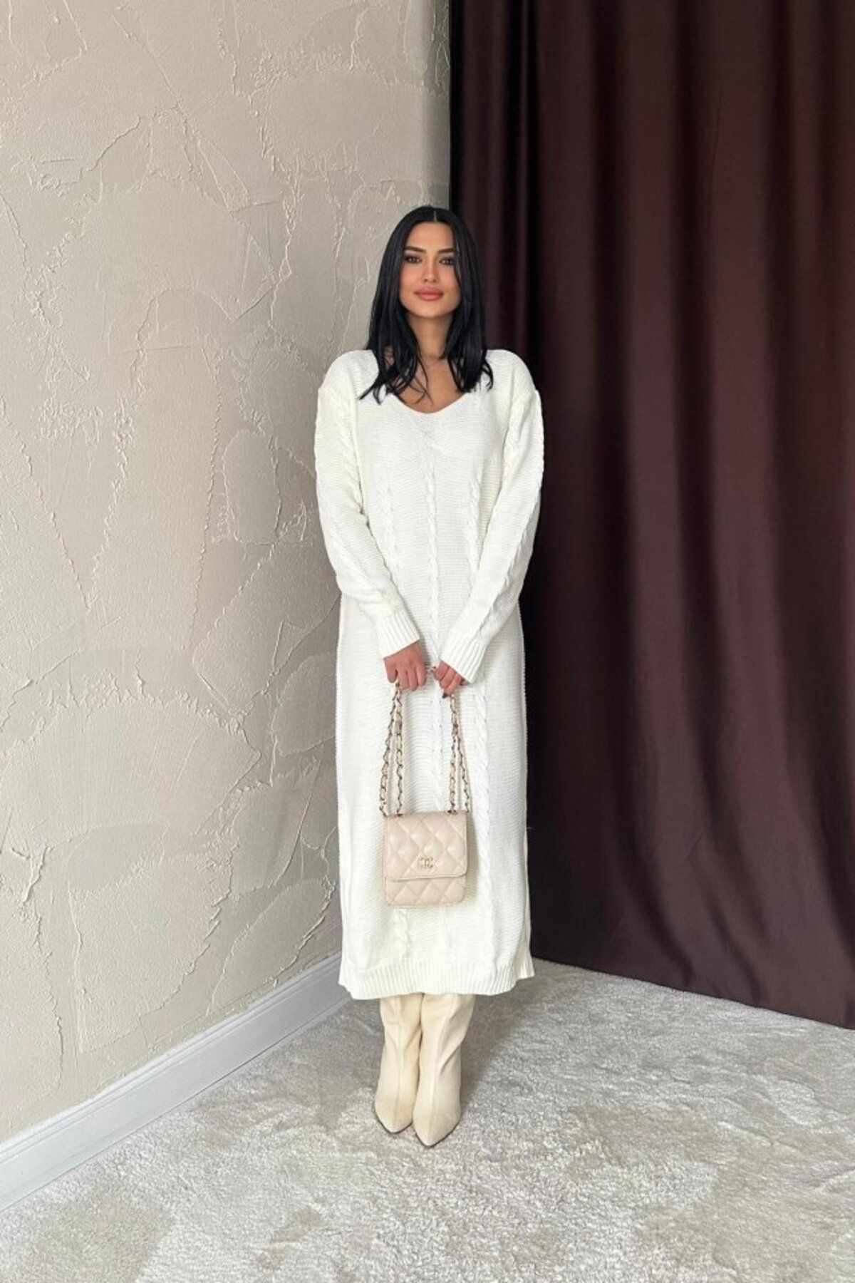 ETİLER COLLECTION Beyaz Kemerli Triko Elbise