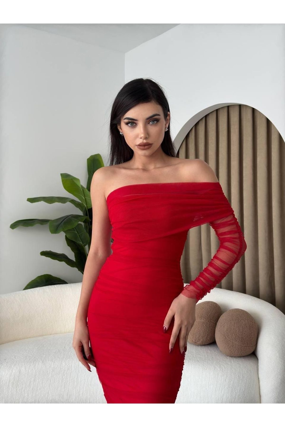 ETİLER COLLECTION Polack Tek Omuz Tül Elbise