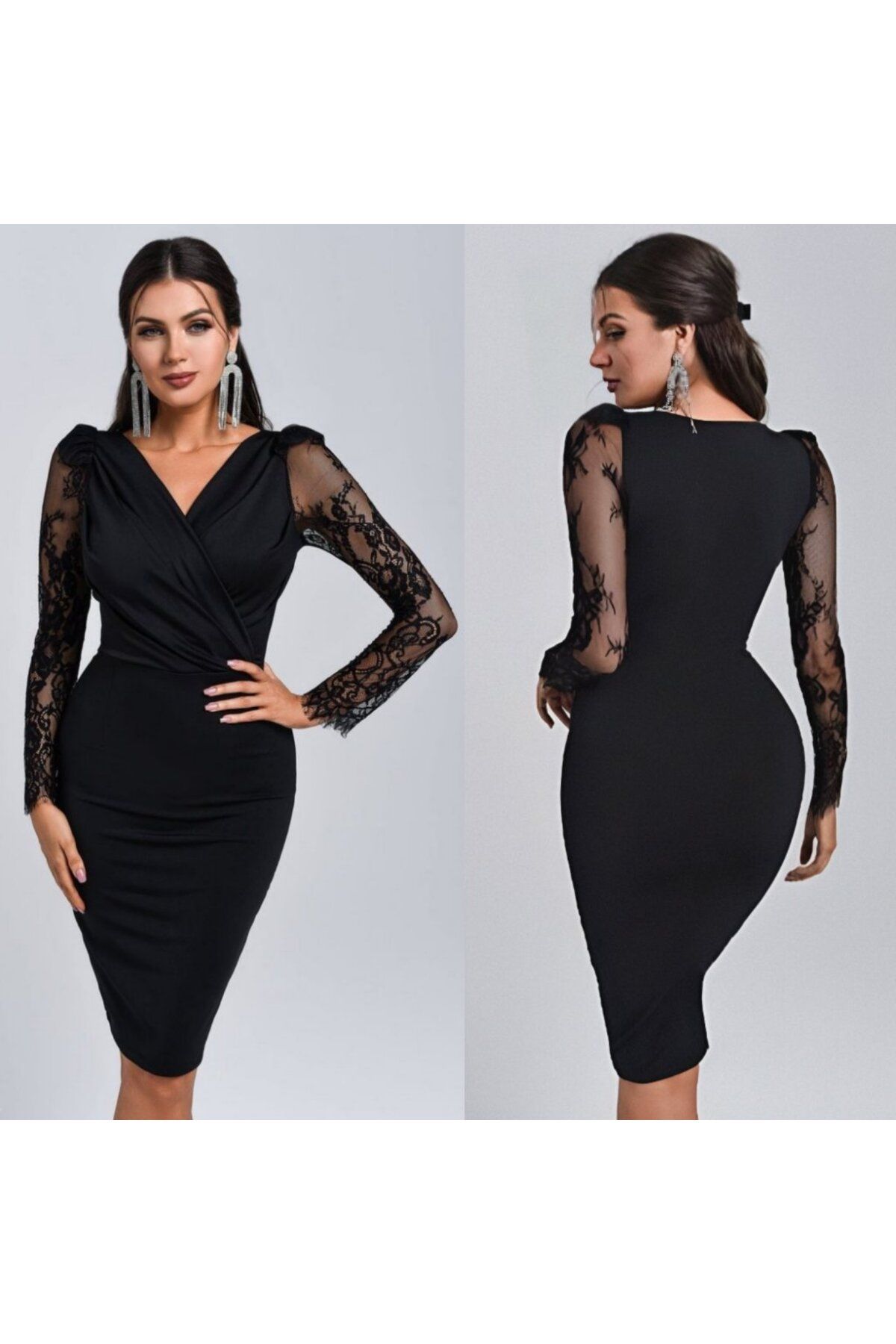 ETİLER COLLECTION Kadın Uzun Kollu Kruvaze Yaka Kollar Tül Detay Krep Mini Boy Elbise