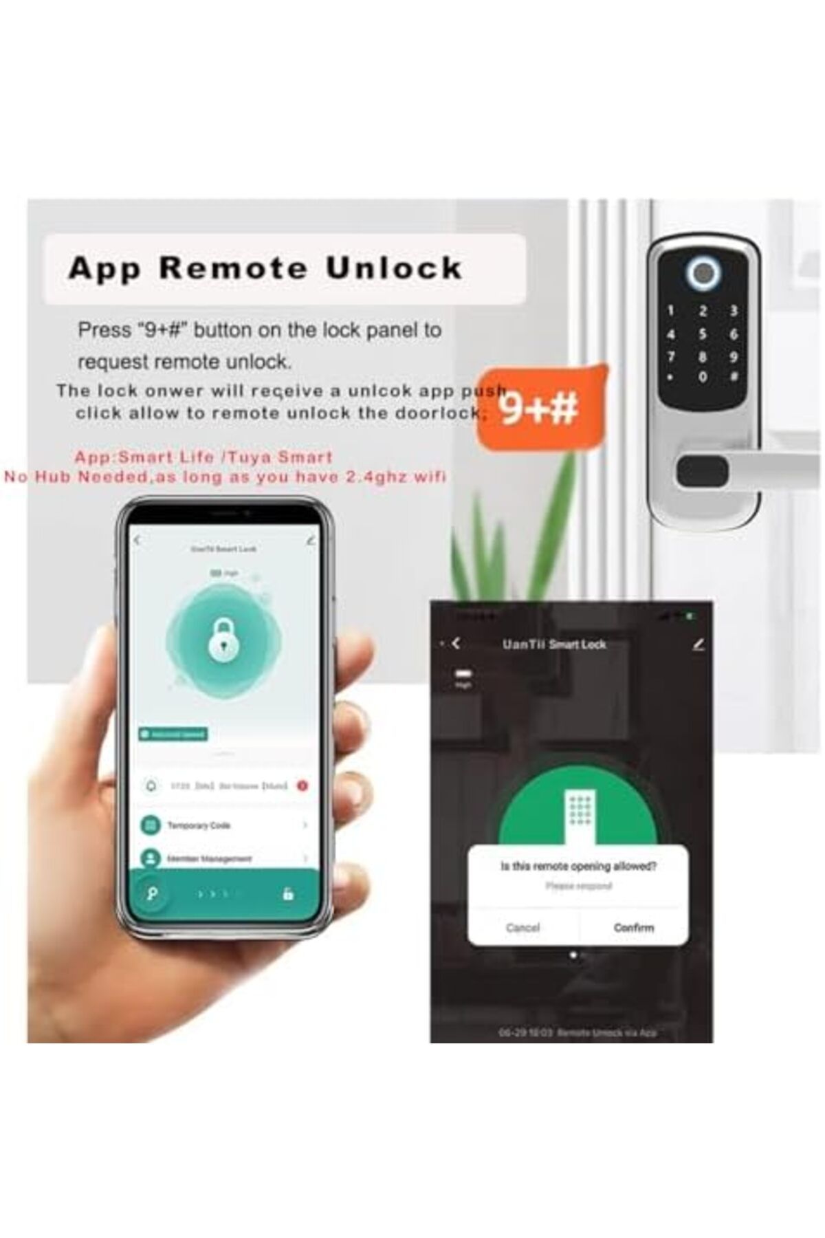 UanTii-قفل ذكي Tuya Wifi، قفل باب بدون مفتاح 5 في 1، قفل باب رقمي بمزلاج واحد مع بصمة الإصبع 7
