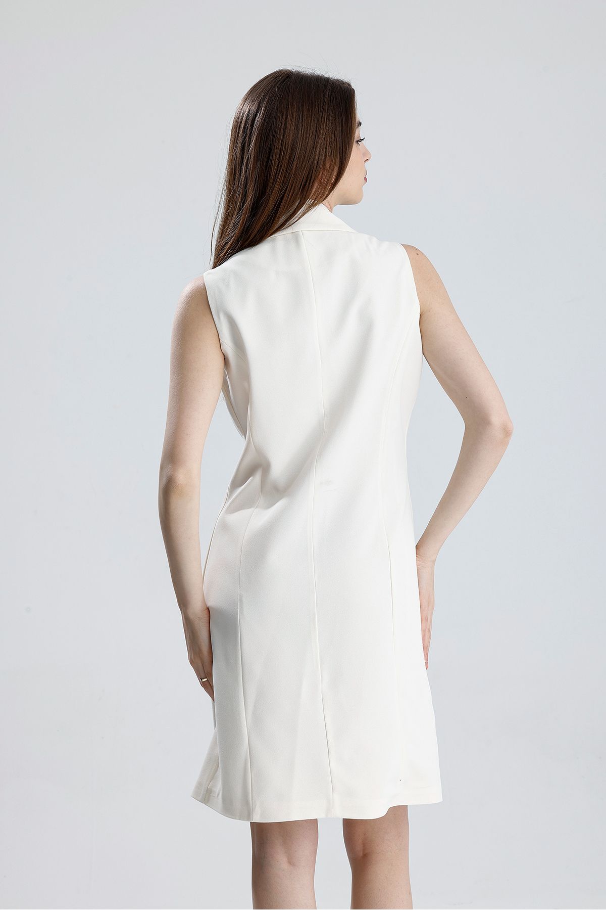 Sense-Lined Sleeveless Hurrem Long Jacket Dress |   Ckt35288 Ecru 5