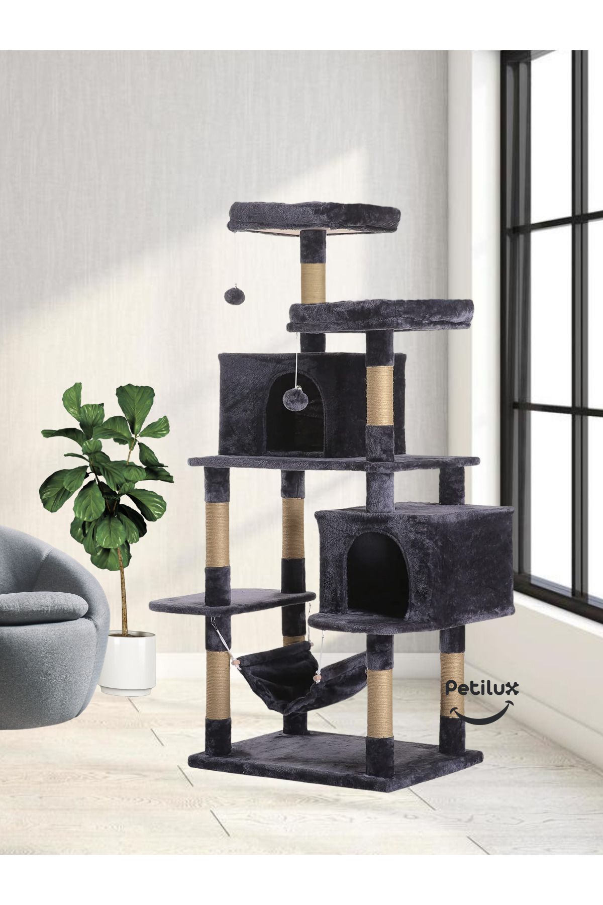 Petilux-Double Slot Luxury Large Size Scratching Cat Play House with Hammock Cat Scratching 2