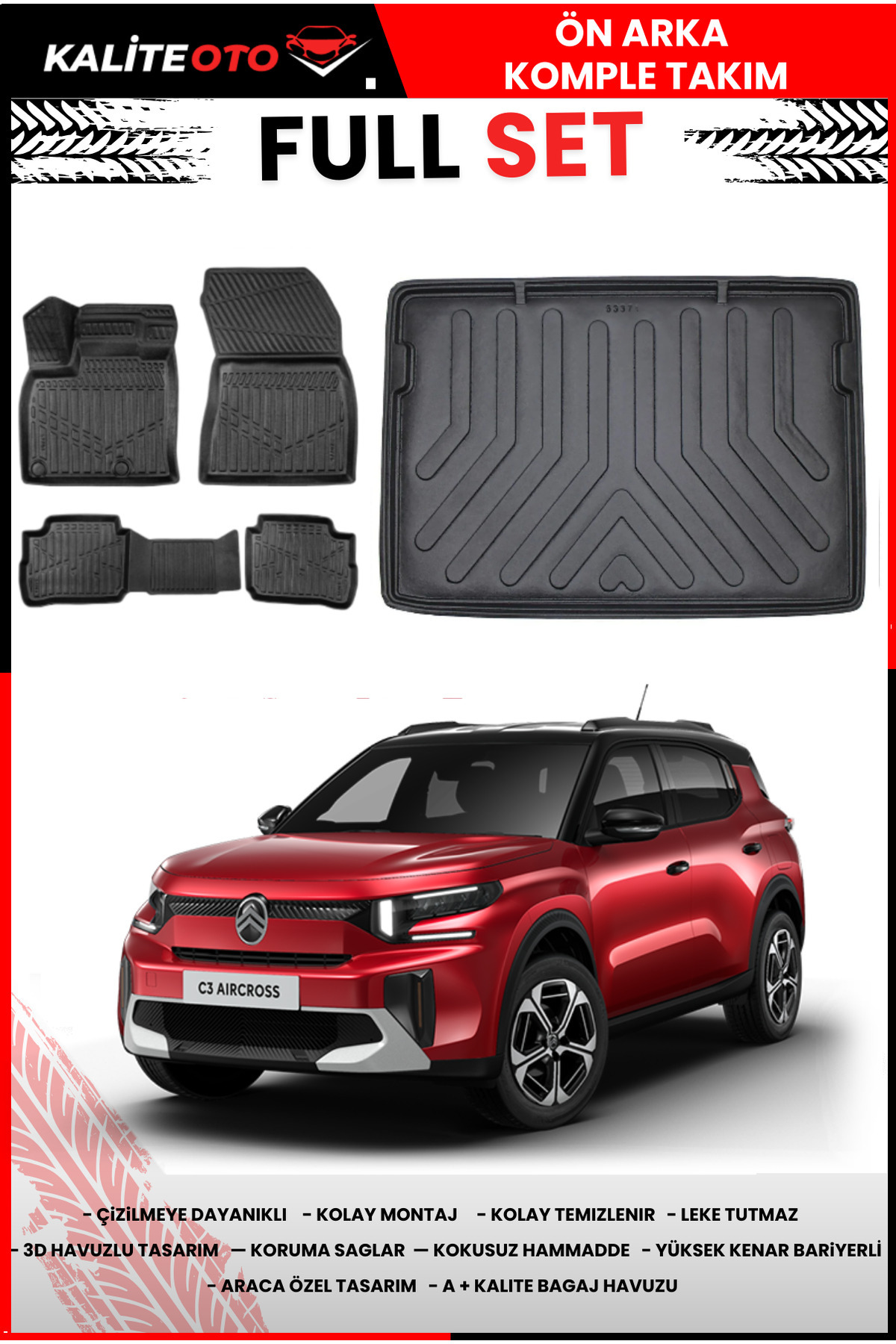 ko kaliteoto C3 Aircross Hybrid 2025 Sonrası Yeni Kasa Alt Kademe Bagaj Havuzu Paspas Takımı