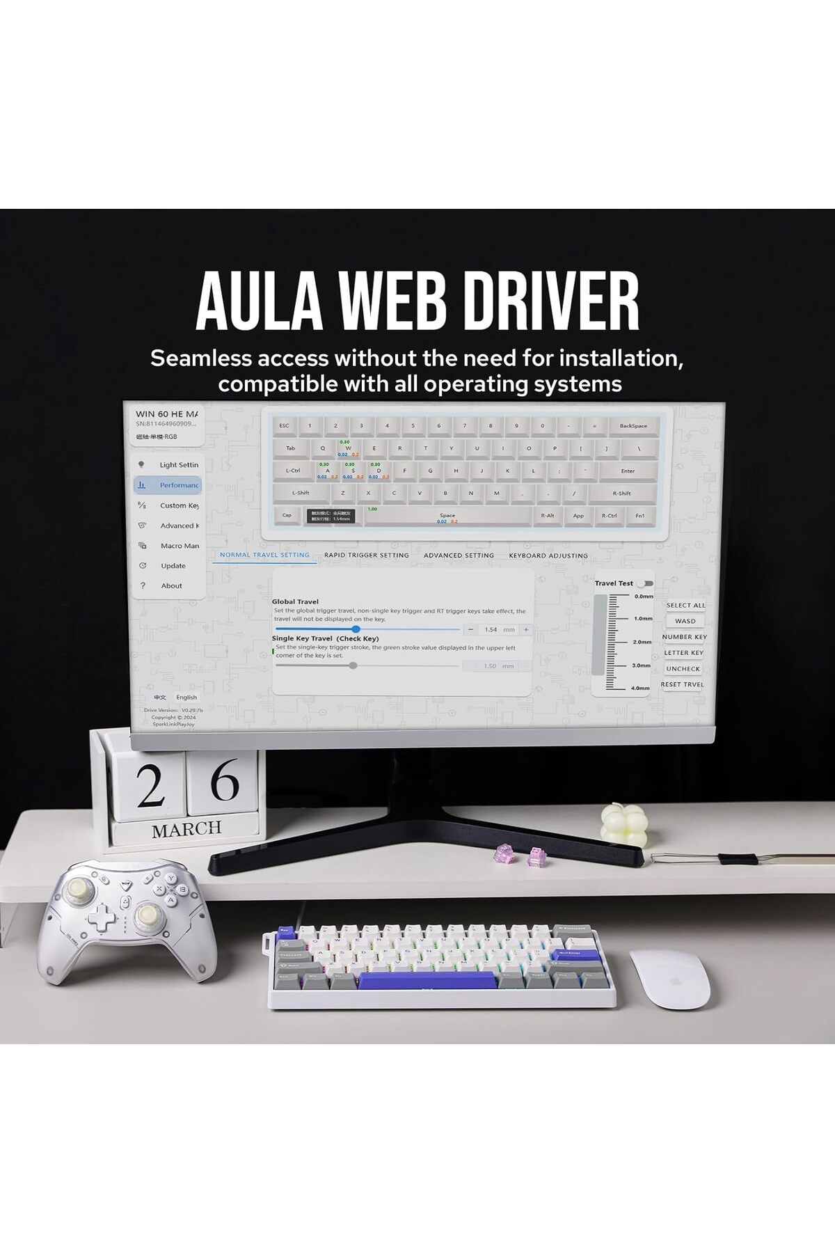 Epomaker-لوحة مفاتيح مغناطيسية سلكية AULA WIN60 HE 60% مع تشغيل قابل للتعديل، ومعدل استطلاع 8000 هرتز، 9