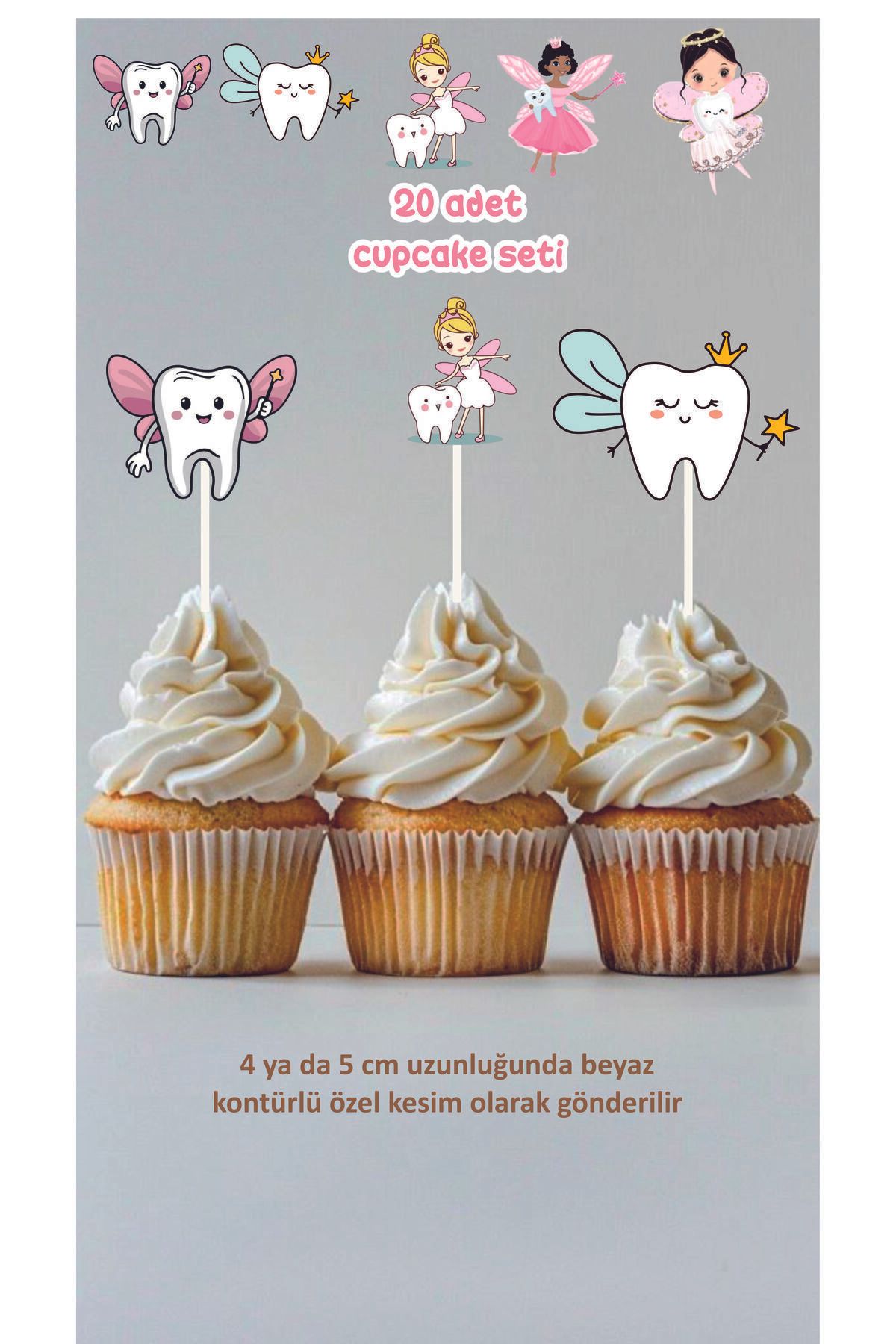 Tasarım İlk Dişim Kız Çocuk Cupcake Doğum Günü Pasta Süsü 20 adet