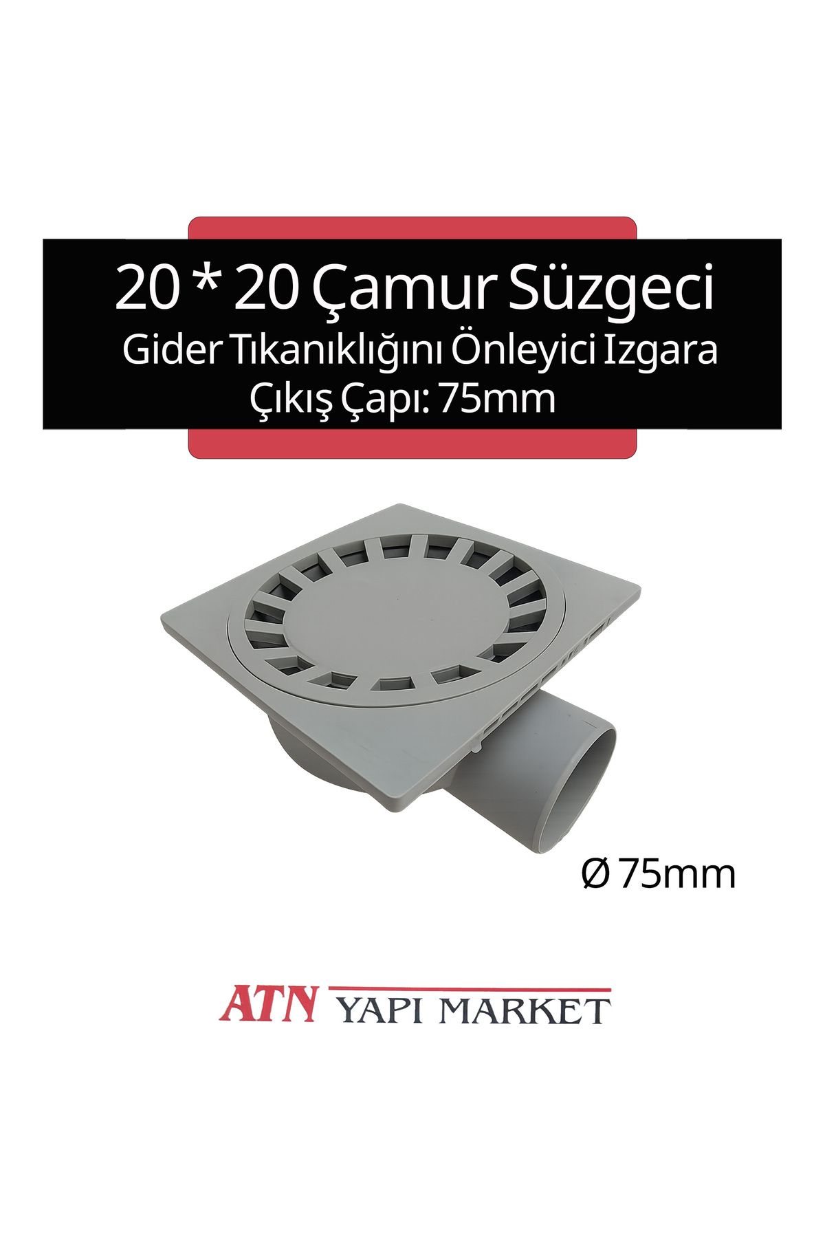 LÜXPAR 20x20 Çamur Sifonu Ø75 Yan Çıkışlı - Yer Drenaj Izgarası - Gider Tıkanıklığını Önleyici Izgara