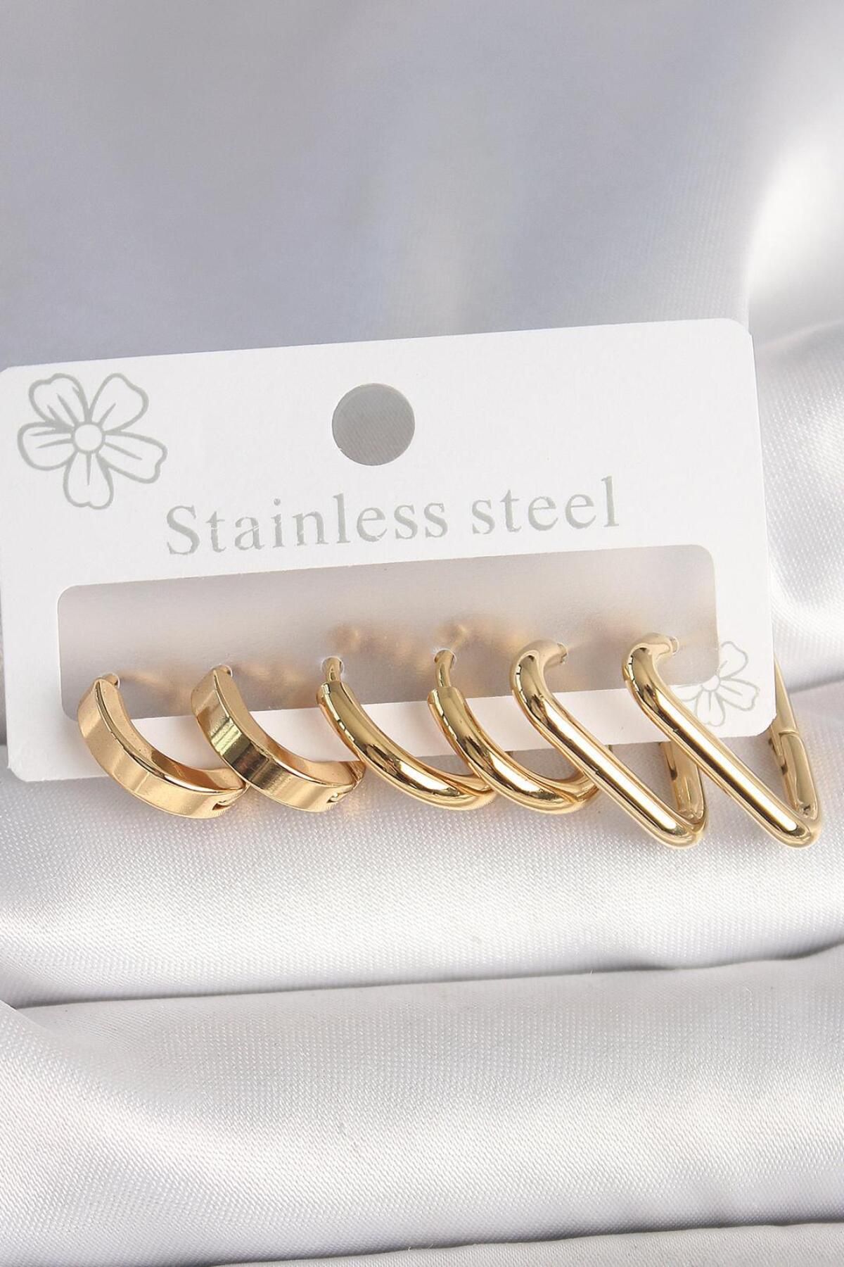 Zendoria Accessory 316L Çelik Gold Renk Üçgen Halka Model Kadın Küpe Seti