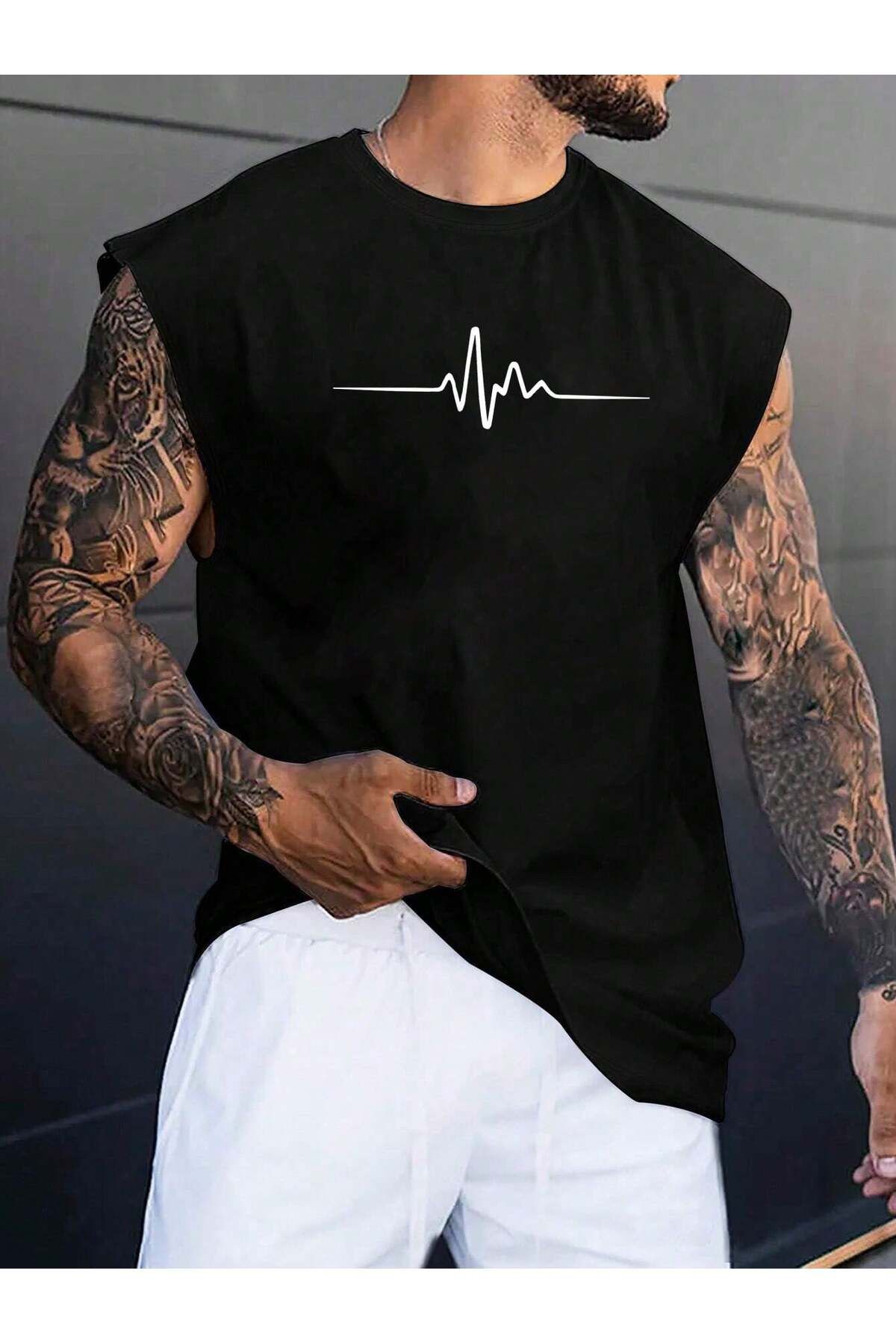 aynewmoda Men's ECG Printed Sleeveless T-Shirt