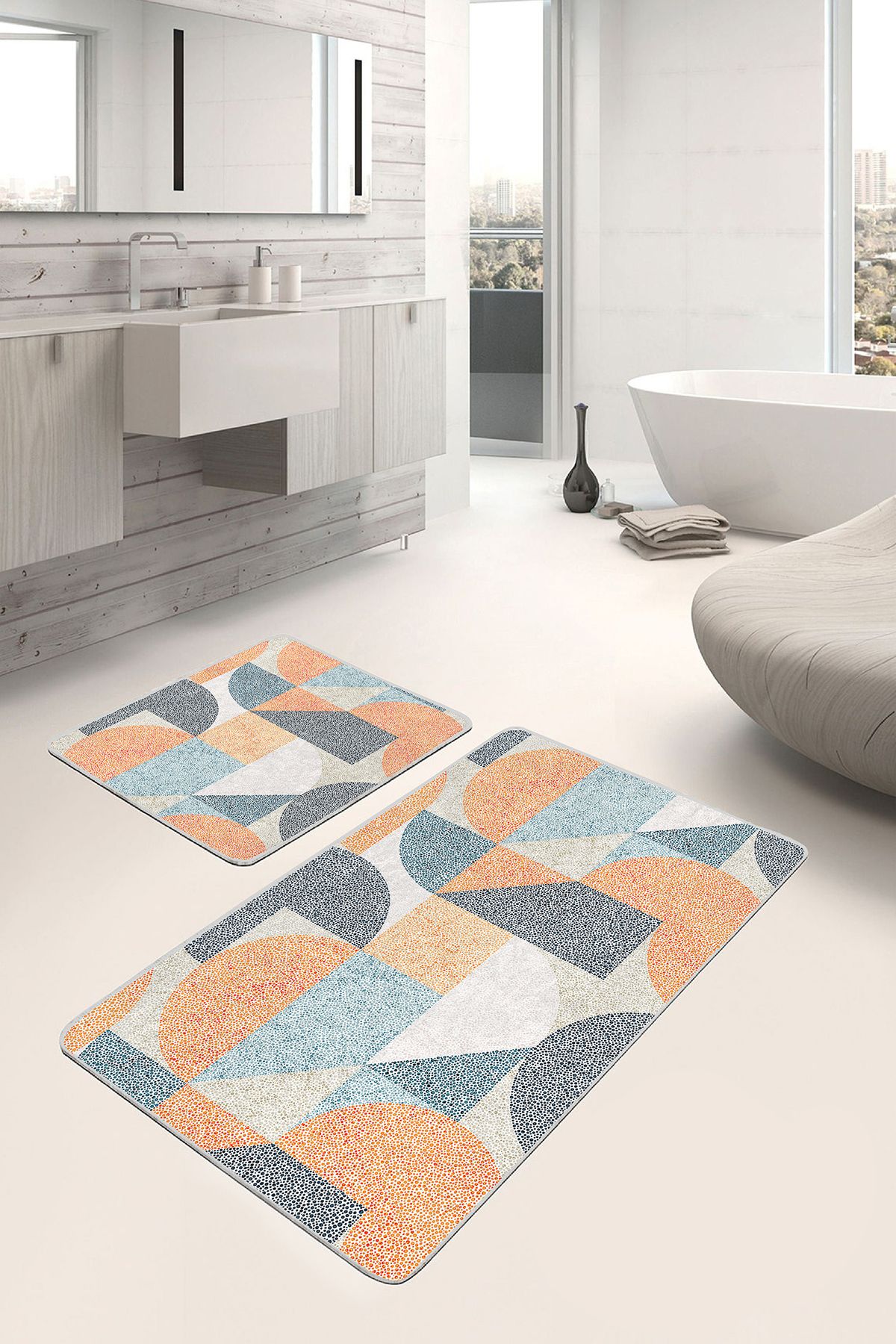 Realhomes Lacivert - Turuncu Zeminde Kanvas Motifli Nokta Geometrik Sade Şık 2'li Banyo Mutfak Paspas Takımı