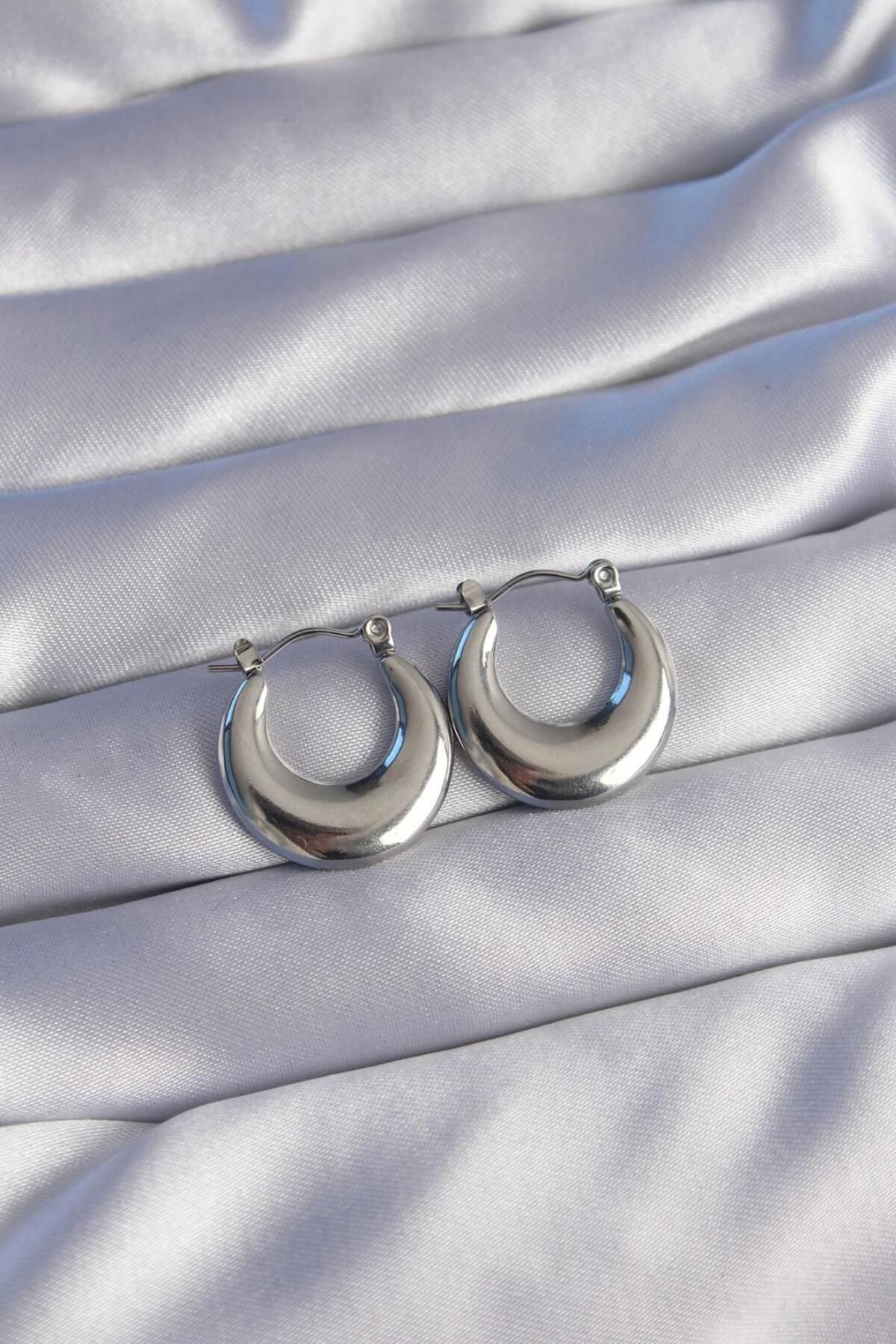 Zendoria Accessory 316L Çelik Gümüş Renk Oval Ayna Model Kadın Küpe