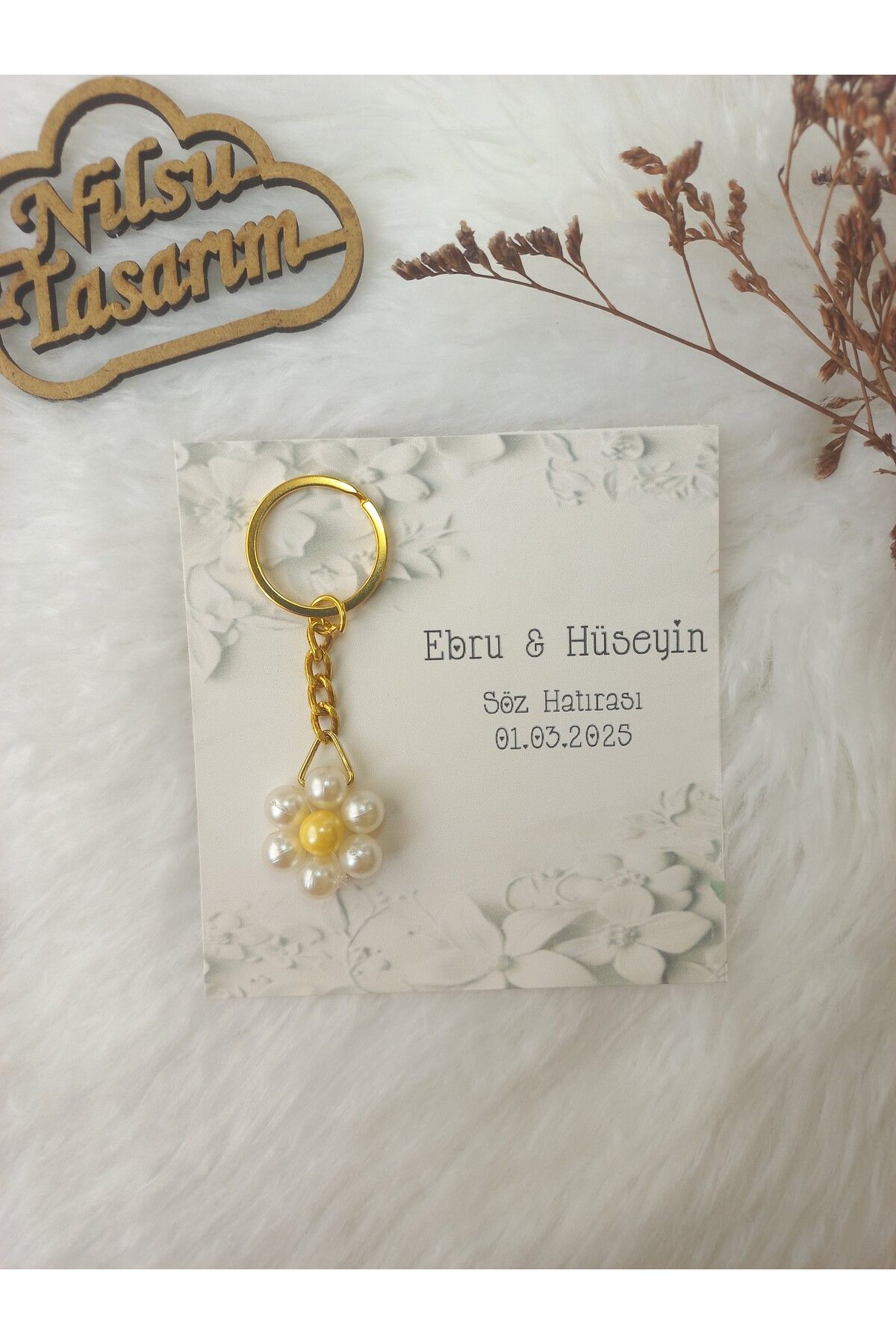 Nilsu Tasarım 15 Adet Papatya Anahtarlık-Kişiye Özel Kart-Söz-Nişan-Kına-Nikah-Düğün Hediyelik