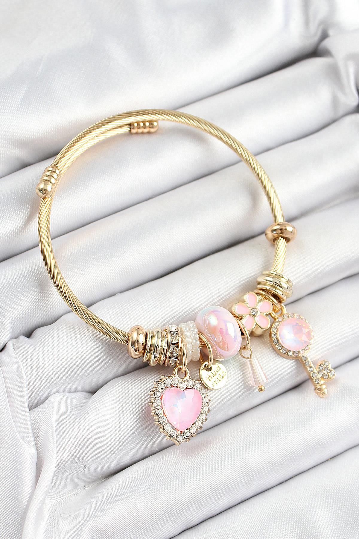 prativas 316L Çelik Pembe Zirkon Taşlı Anahtar Ve Kalp Model Gold Renk Charm Bileklik