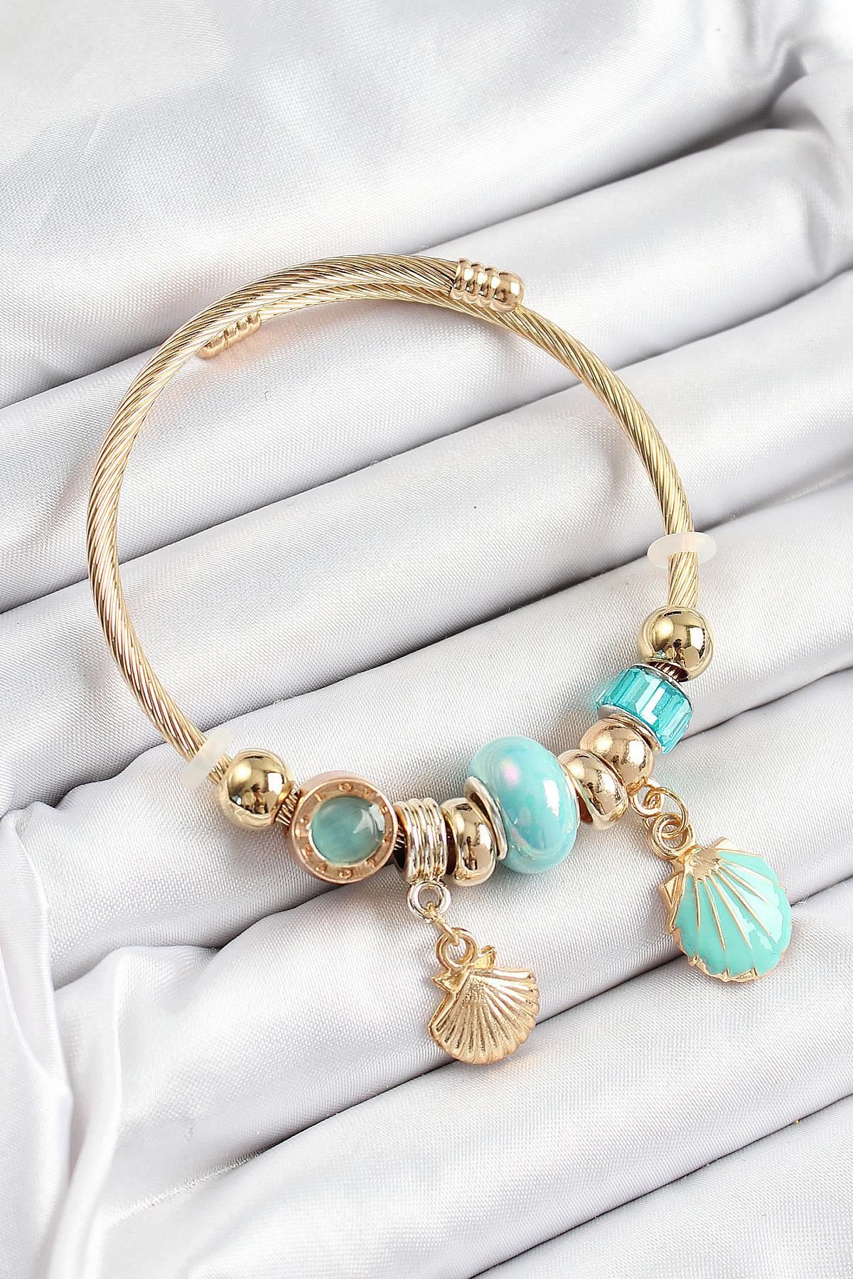 Celira Çelik Mavi İstiridye Model Gold Renk Charm Bileklik
