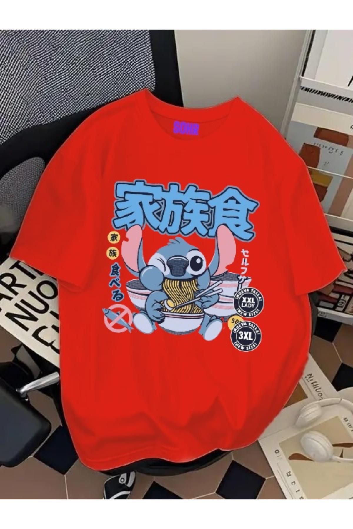 SOHR Unisex Erkek/Kadın Stitch Ramen Renkli Baskılı Oversize Pamuklu T-Shirt