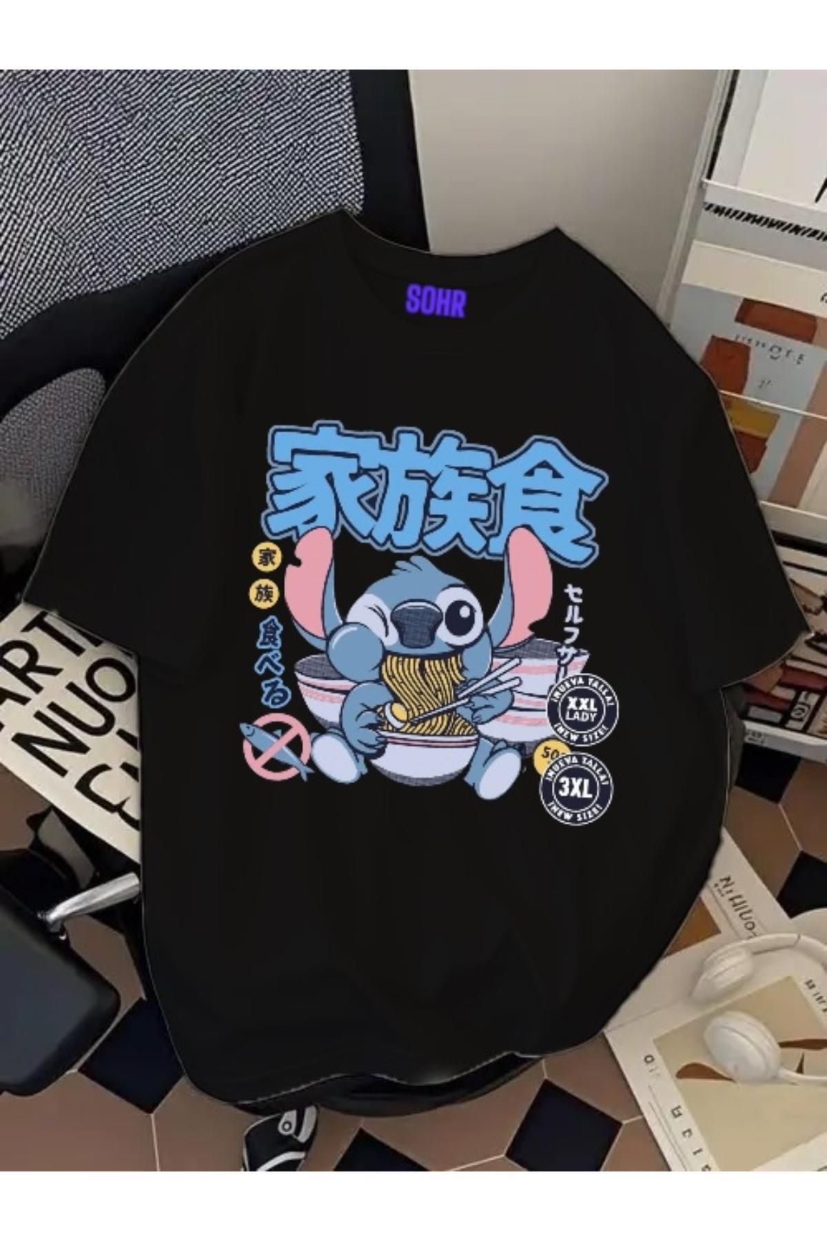 SOHR Unisex Erkek/Kadın Stitch Ramen Renkli Baskılı Oversize Pamuklu T-Shirt