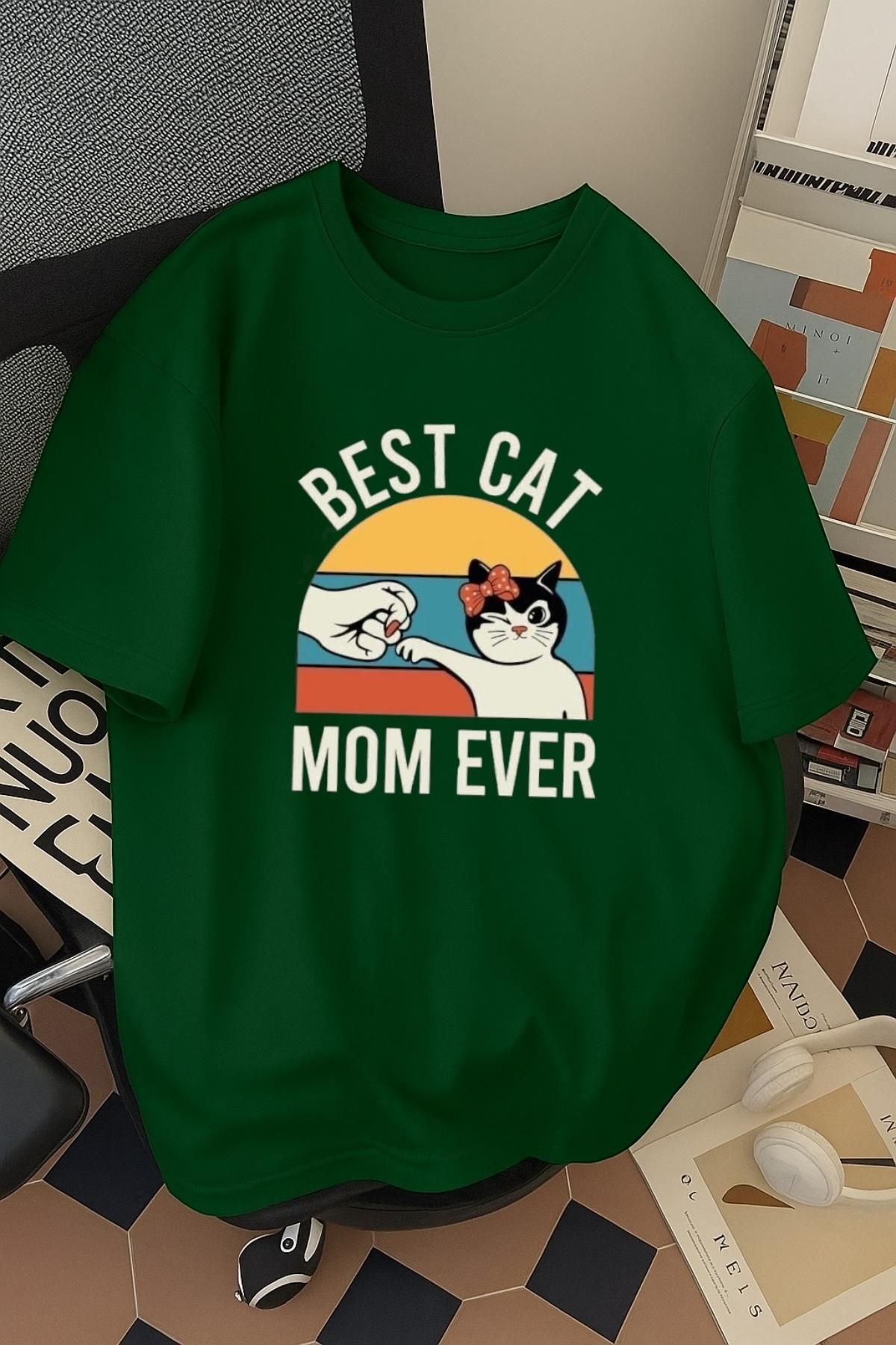 SOHR Unisex Erkek/Kadın Best Mom Cat Ever Renkli Baskılı Oversize Pamuklu T-Shirt