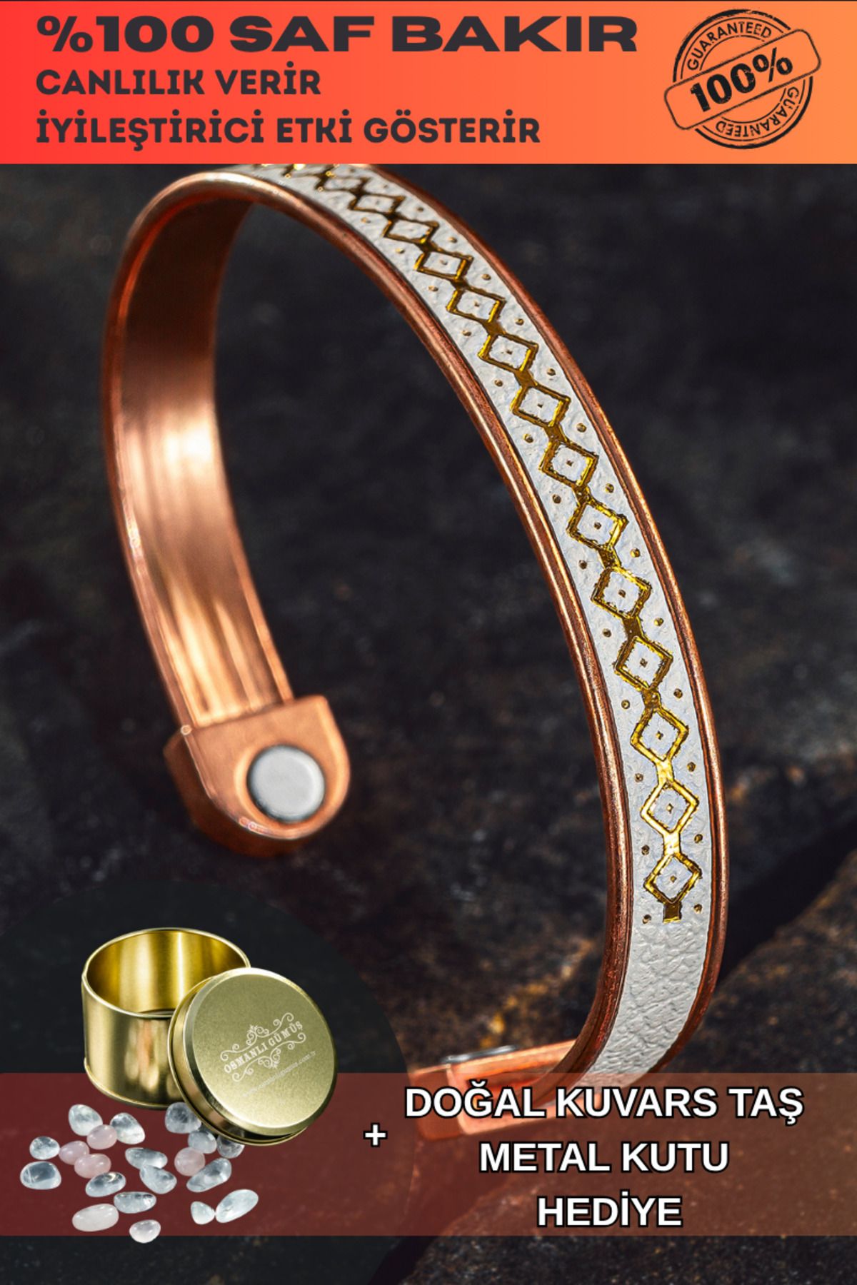 OSMANLI GÜMÜŞ Erkek Kadın Bakır Bileklik - Üstü Hakiki Deri Mıknatıslı Model Metal Kutu Kuvars