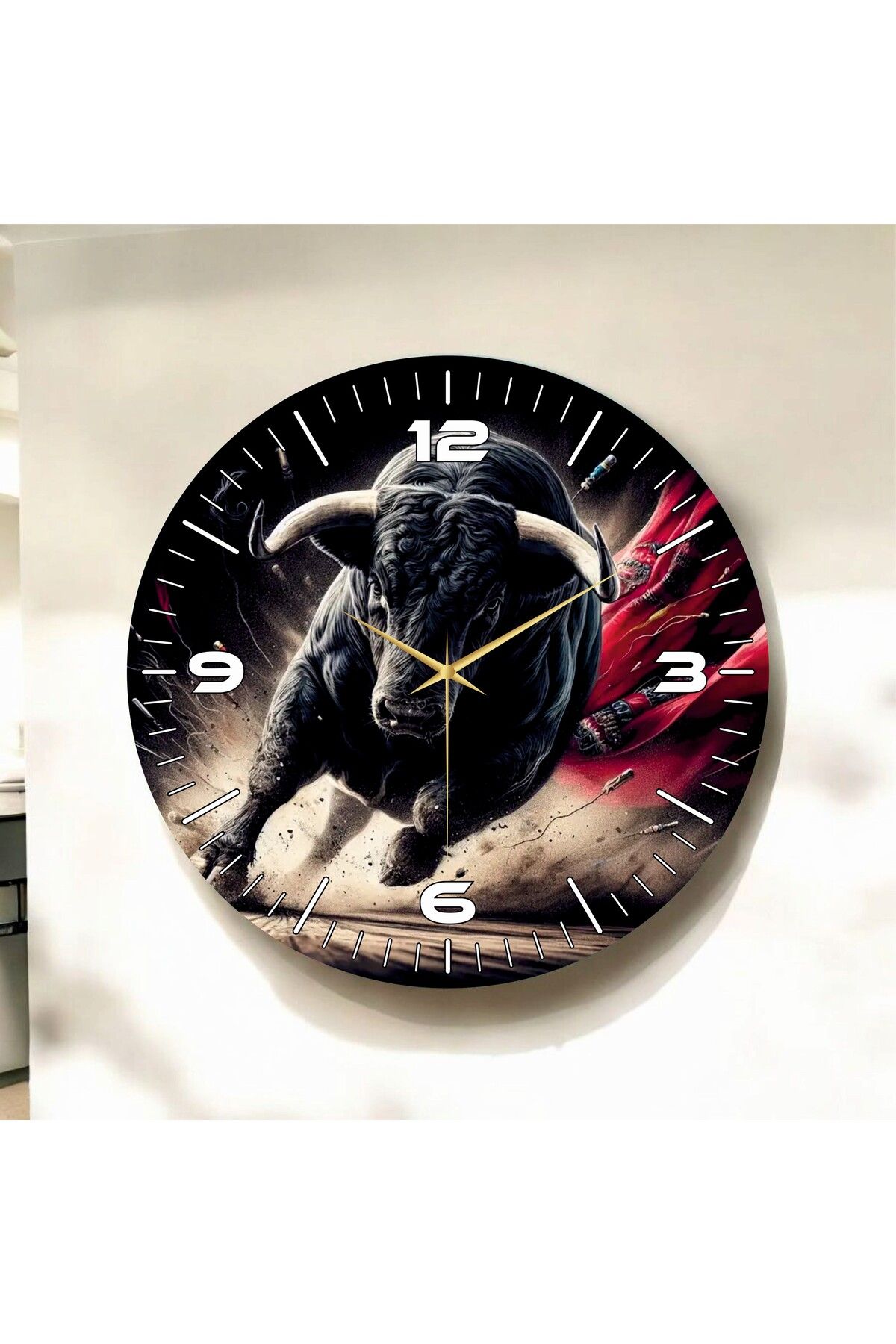 AA Shop Boğa Hayvanlı Siyah Renkli Baskı Desenli Sayılı Hediyelik Ahşap Sessiz Duvar Saati 50cm