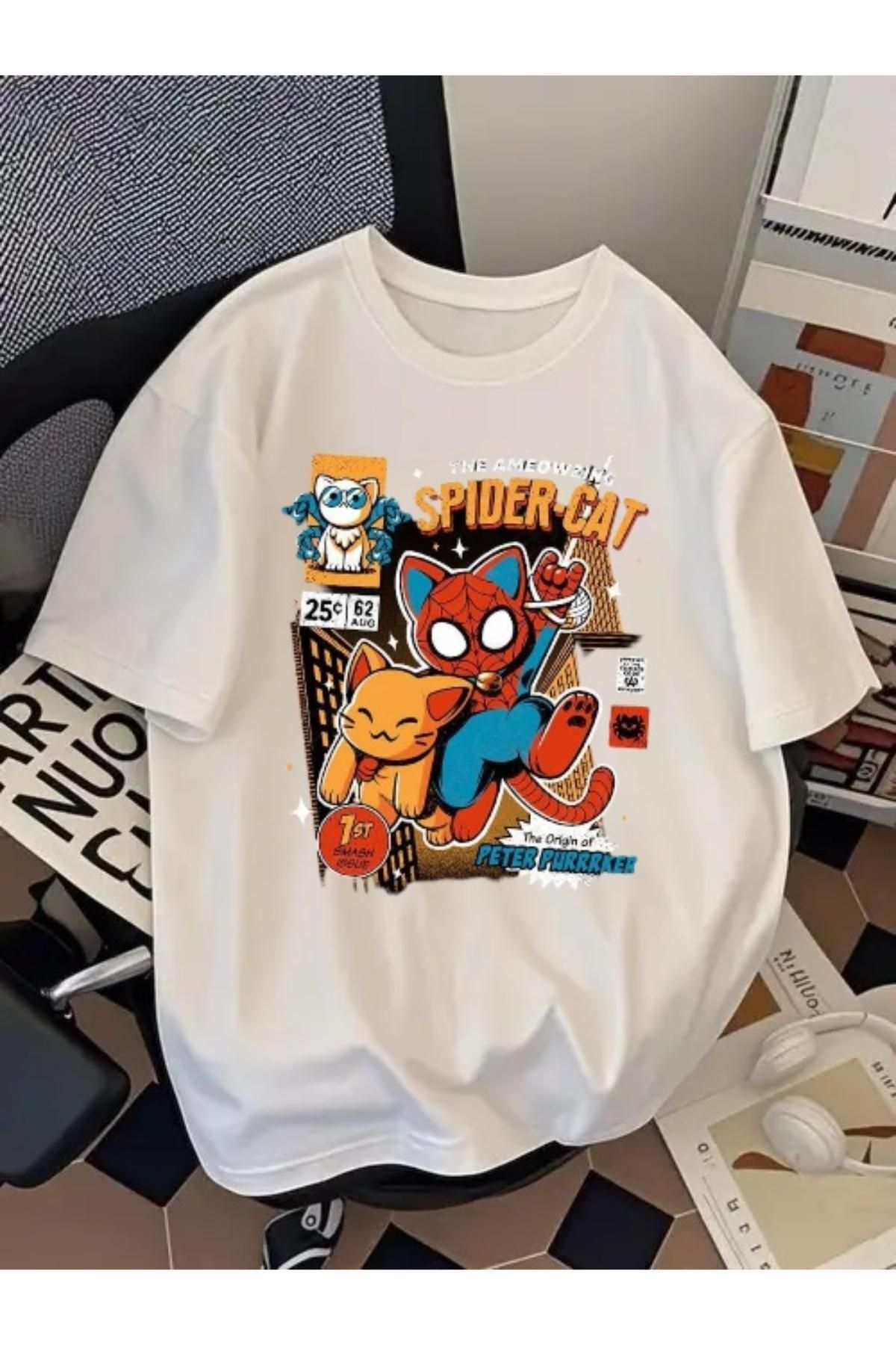 SOHR Unisex Erkek/Kadın Spider Cat Renkli Baskılı Oversize Pamuklu T-Shirt