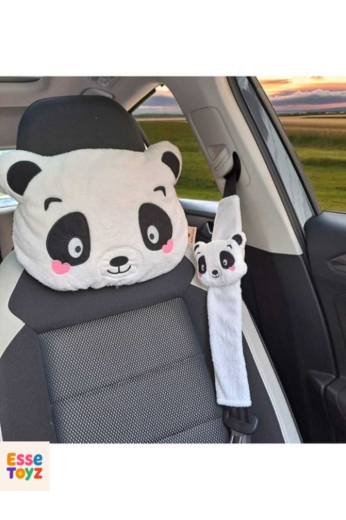 Kids Neşeli Panda Araba Yastığı ve Emniyet Kemeri Kılıfı İkili Set