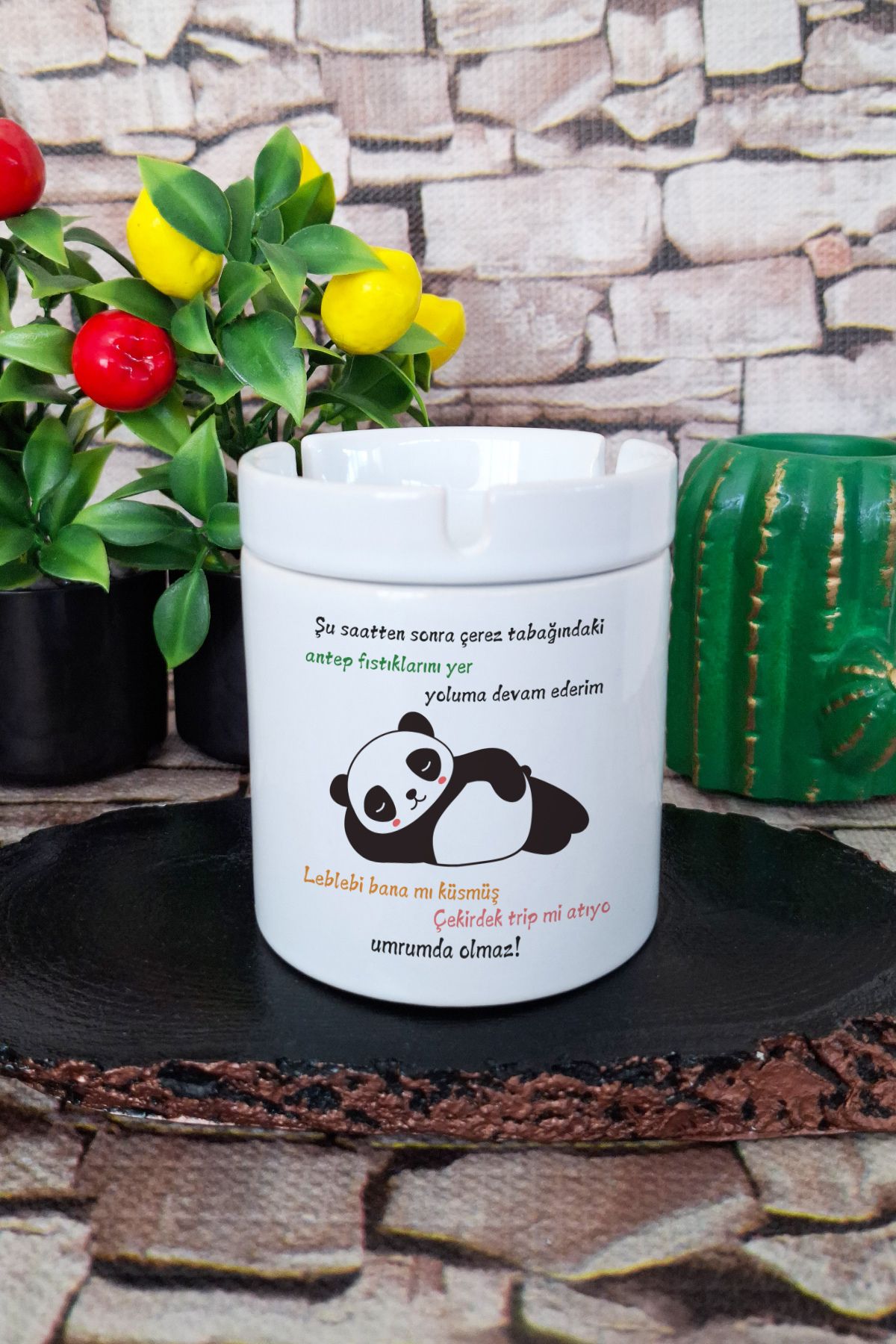 qoeuyl boutique Yoluma Devam Ederim -Panda Hediyelik Eğlenceli Baskılı Seramik Kapaklı Kokusuz Küllük