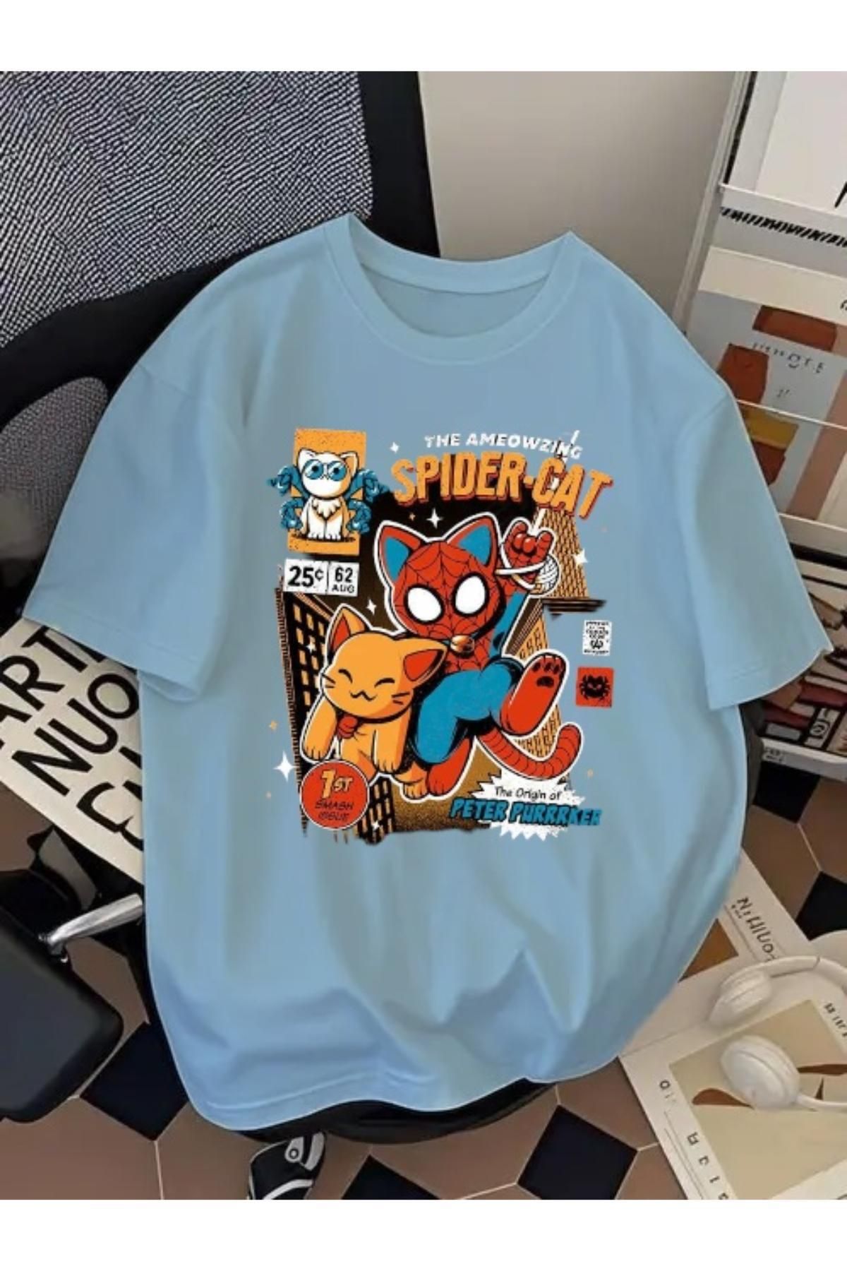 SOHR Unisex Erkek/Kadın Spider Cat Renkli Baskılı Oversize Pamuklu T-Shirt