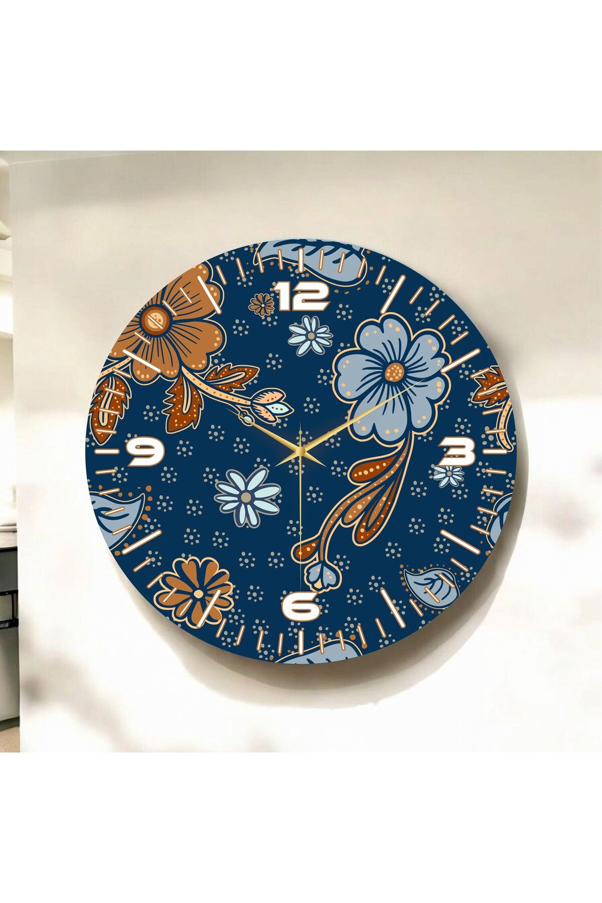 AA Shop Papatyalı Lacivert Renkli Baskı Çiçek Desenli Sayılı Hediyelik Ahşap Sessiz Duvar Saati 50cm