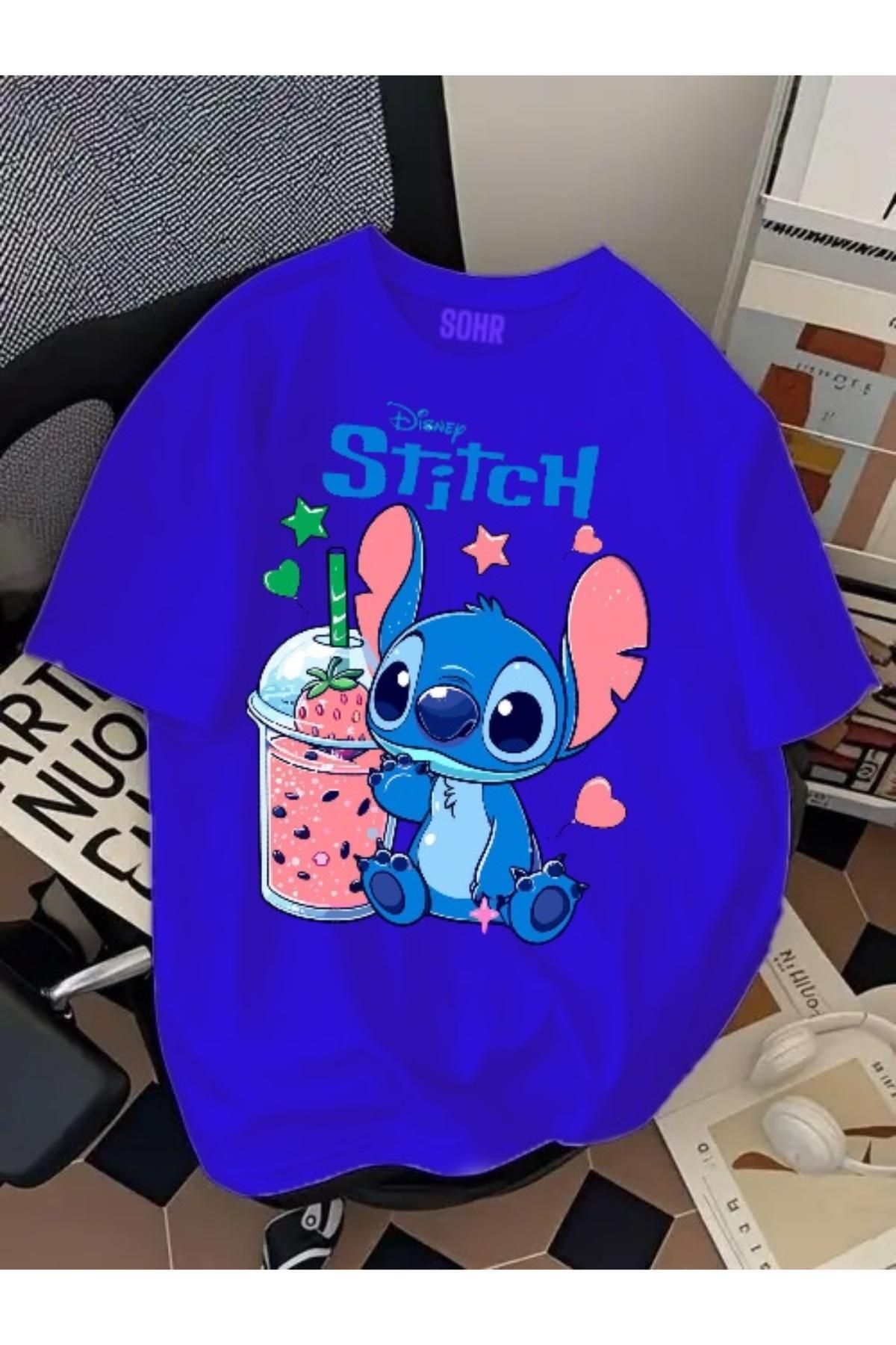 SOHR Unisex Erkek/Kadın Stitch Renkli Baskılı Oversize Pamuklu T-Shirt
