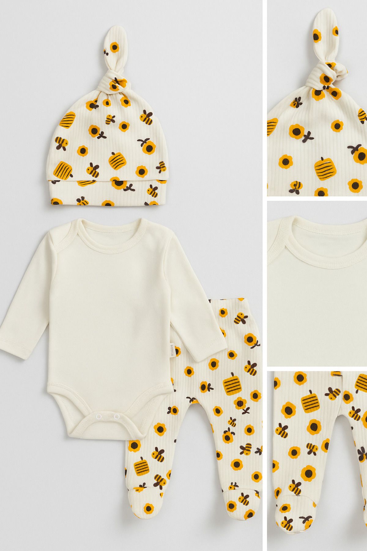BABYDEN'S Arı ve Çiçek Desenli 3’lü Yenidoğan Set Uzun Kollu Çıtçıtlı Body,Patikli Pantolon, Bere %100 Pamuklu