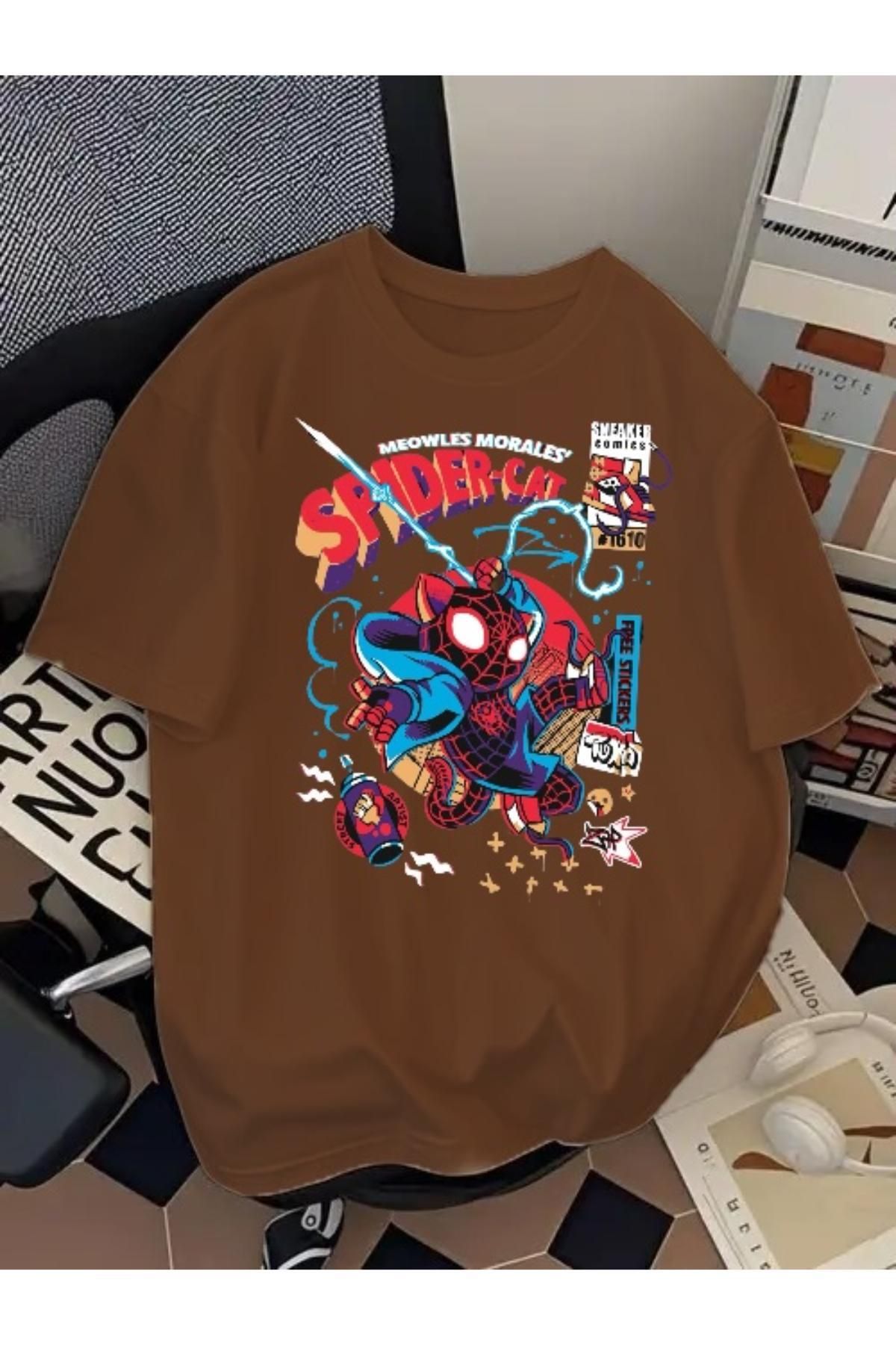 SOHR Unisex Erkek/Kadın Spider Cat Renkli Baskılı Oversize Pamuklu T-Shirt