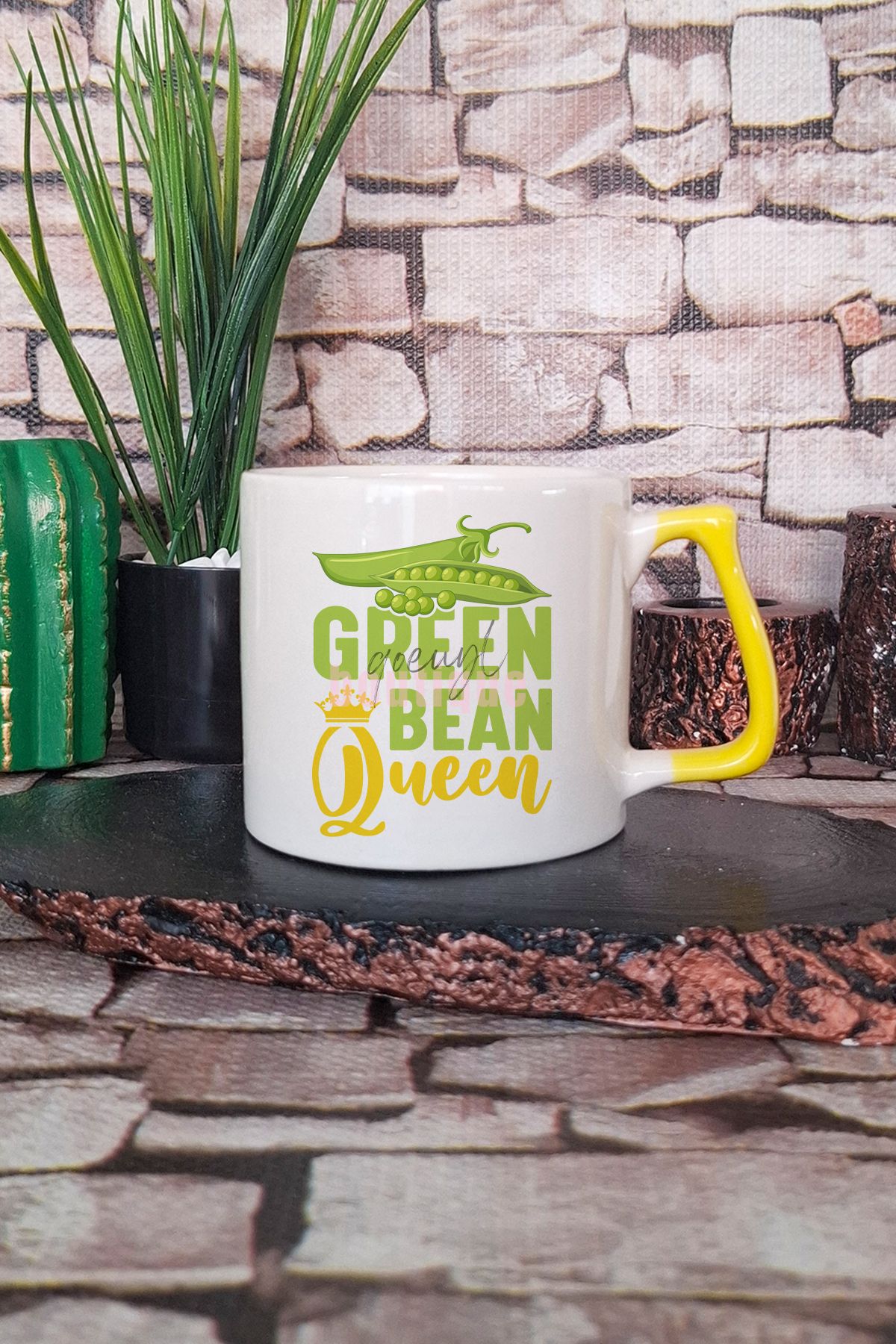 qoeuyl boutique Green Been Queen Vegan Baskılı Hediyelik Kulplu Kupa Bardak