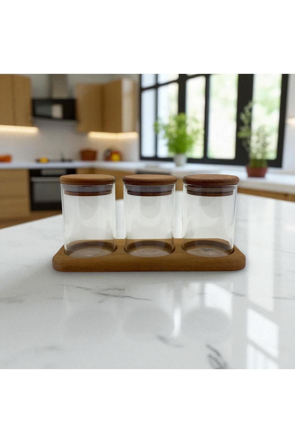 tios home Fırınlanmış Kayın Ağacından Ahşap Kapaklı Borosilikat Cam 3'lü Saklama Kabı