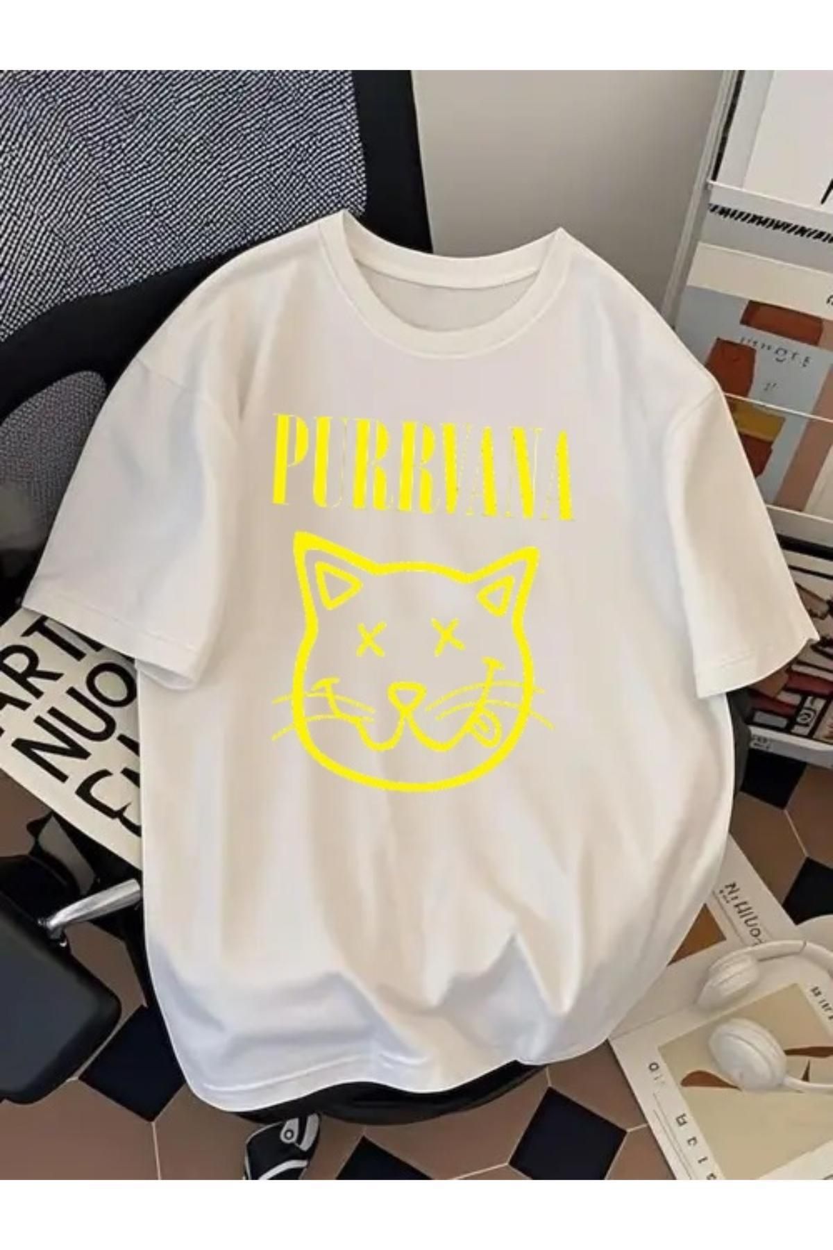 SOHR Unisex Erkek/Kadın Purrvana Kedi Renkli Baskılı Oversize Pamuklu T-Shirt
