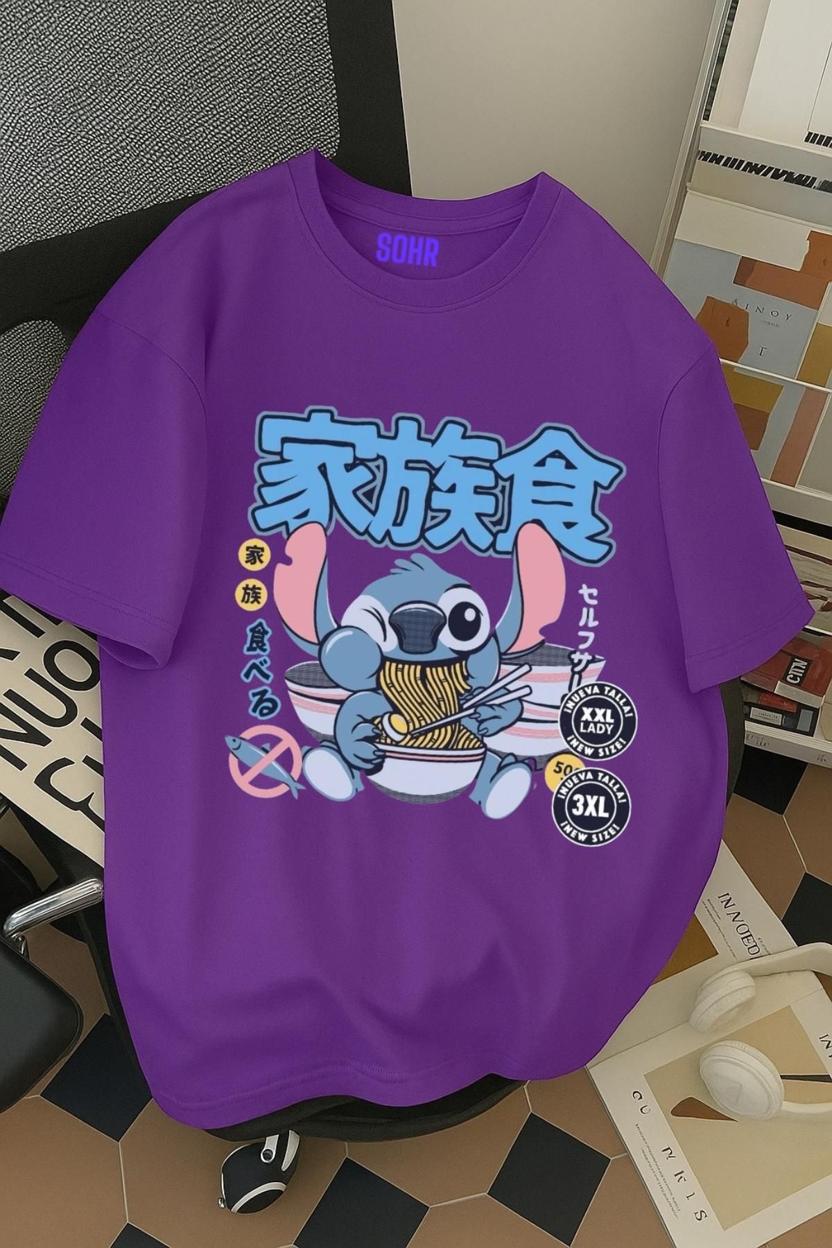 SOHR Unisex Erkek/Kadın Stitch Ramen Renkli Baskılı Oversize Pamuklu T-Shirt