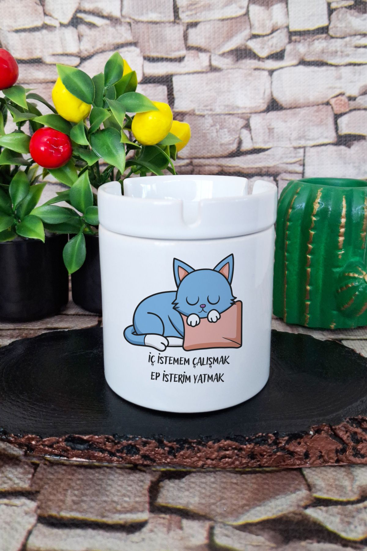qoeuyl boutique İç İstemem Çalışmak Sevimli Kedi Eğlenceli Komik Hediyelik Baskılı Seramik Kapaklı Kokusuz Küllük
